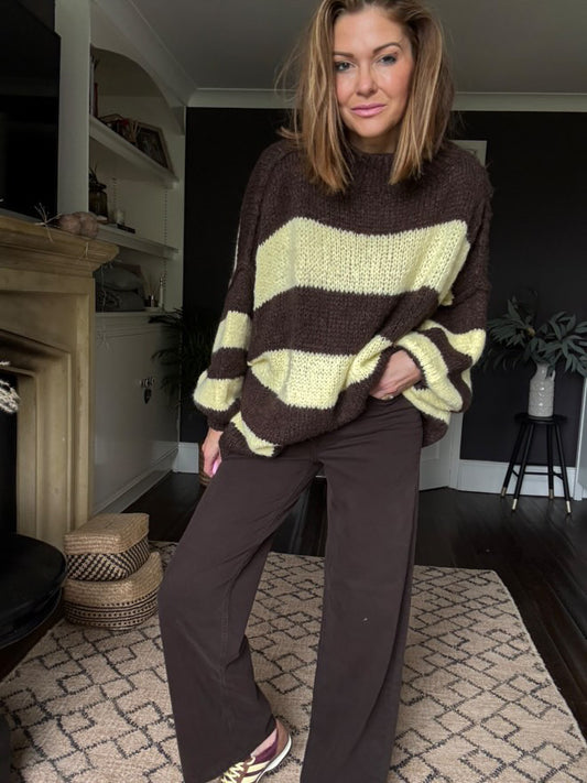 ALEX STRIPED RAW EDGE BALLOON SLEEVED JUMPER CHOCOLATE BROWN & YELLOW *New