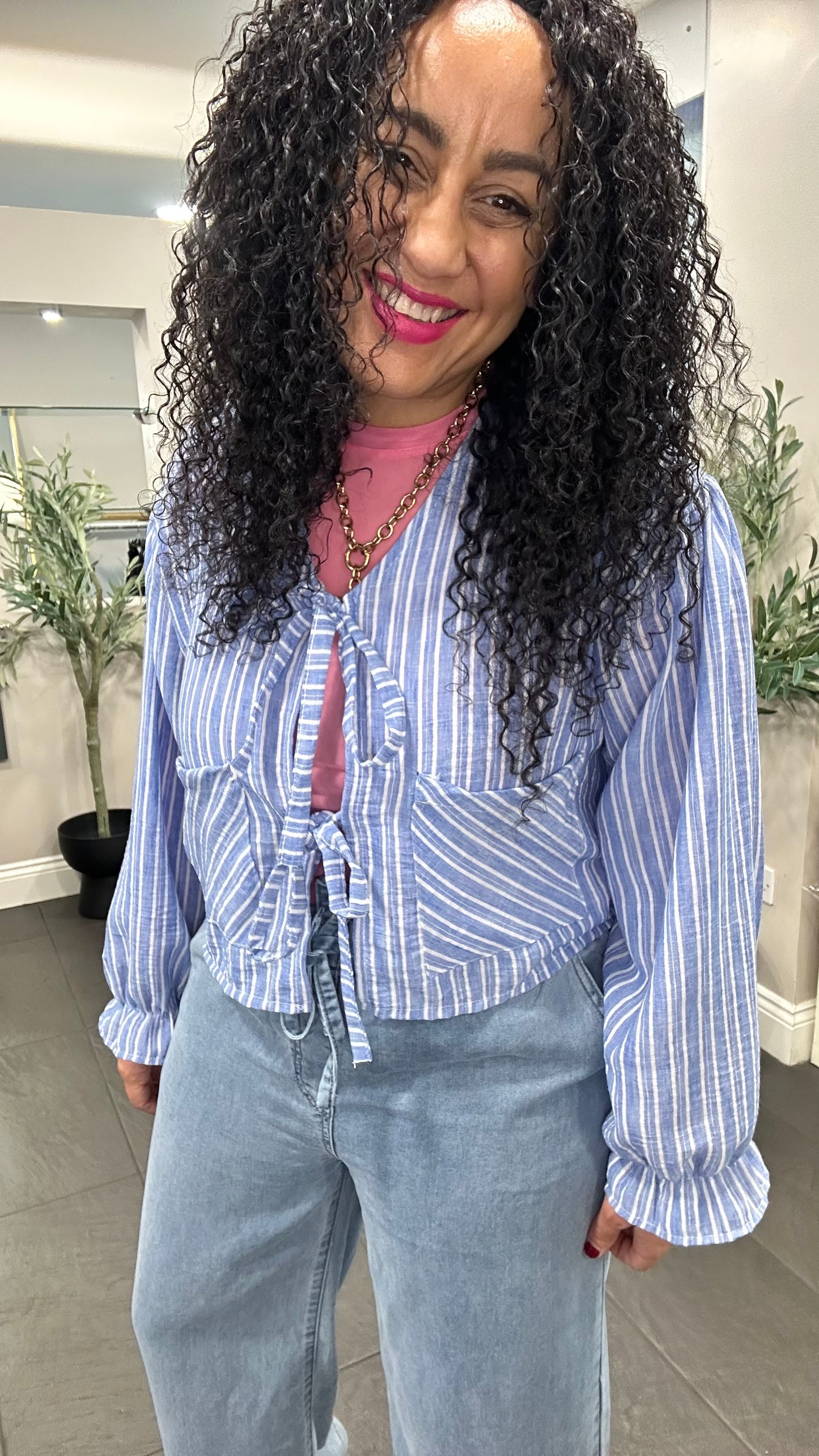 SALE AMY STRIPED TIE BLOUSE BLUE