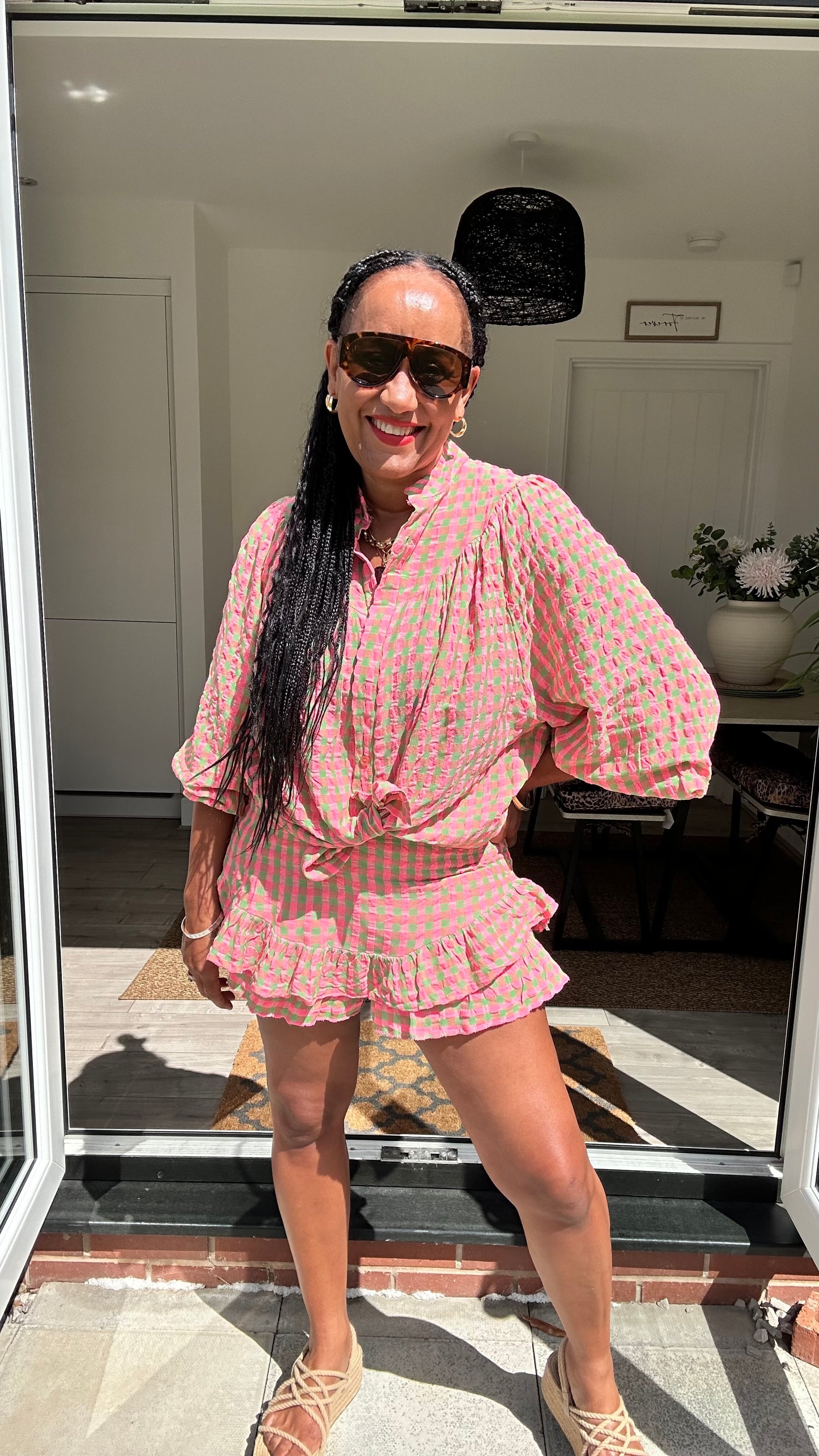 IBIZA PERRIE GINGHAM BLOUSE GREEN & PINK *New