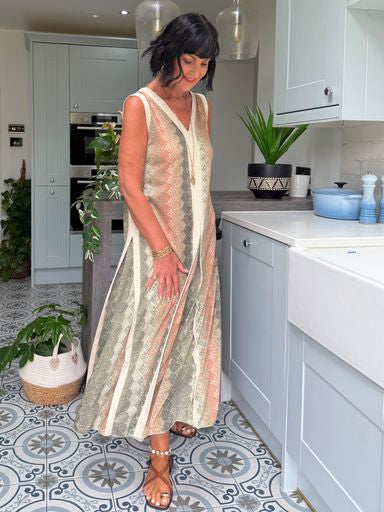 SAFI WOVEN MAXI DRESS GREEN & CREAM *New