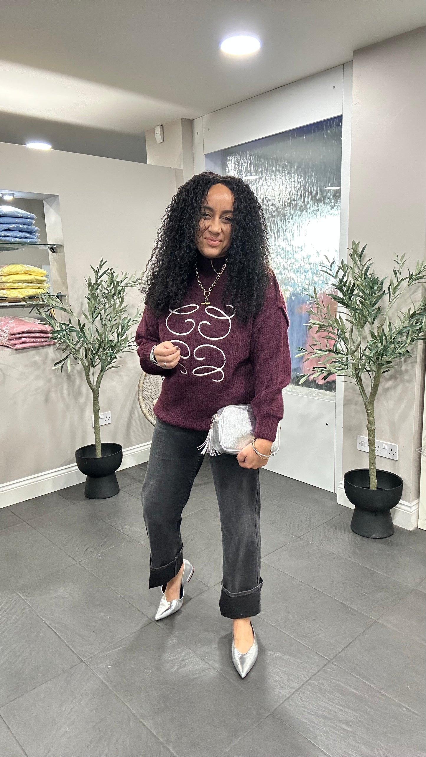 SALE EVIE EMBROIDERY STITCH JUMPER BURGUNDY