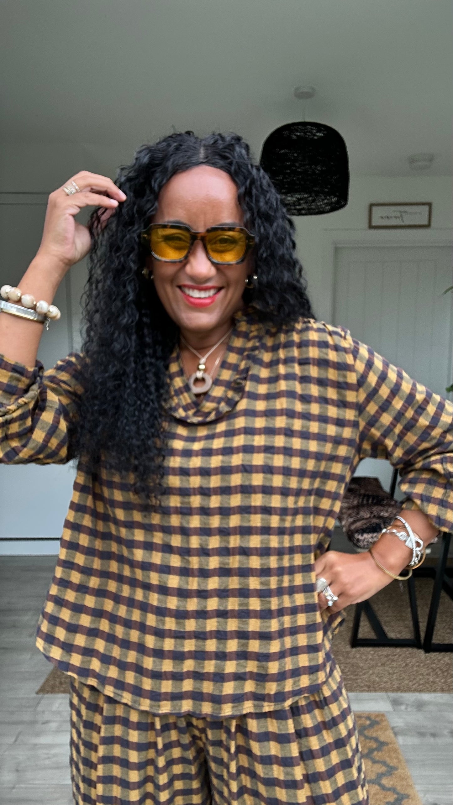 EVIE CHECKED BLOUSE MUSTARD *New