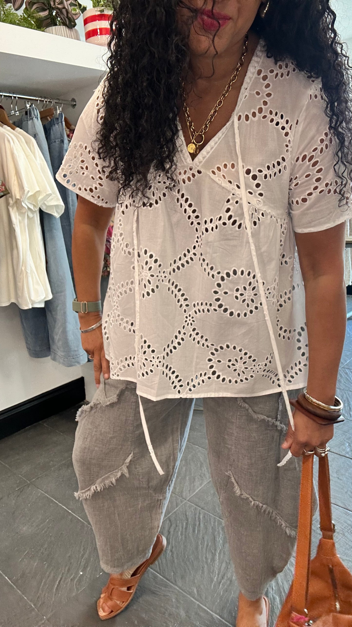 SALE DOT EMBROIDERY ANGLAISE SMOCK TOP WHITE