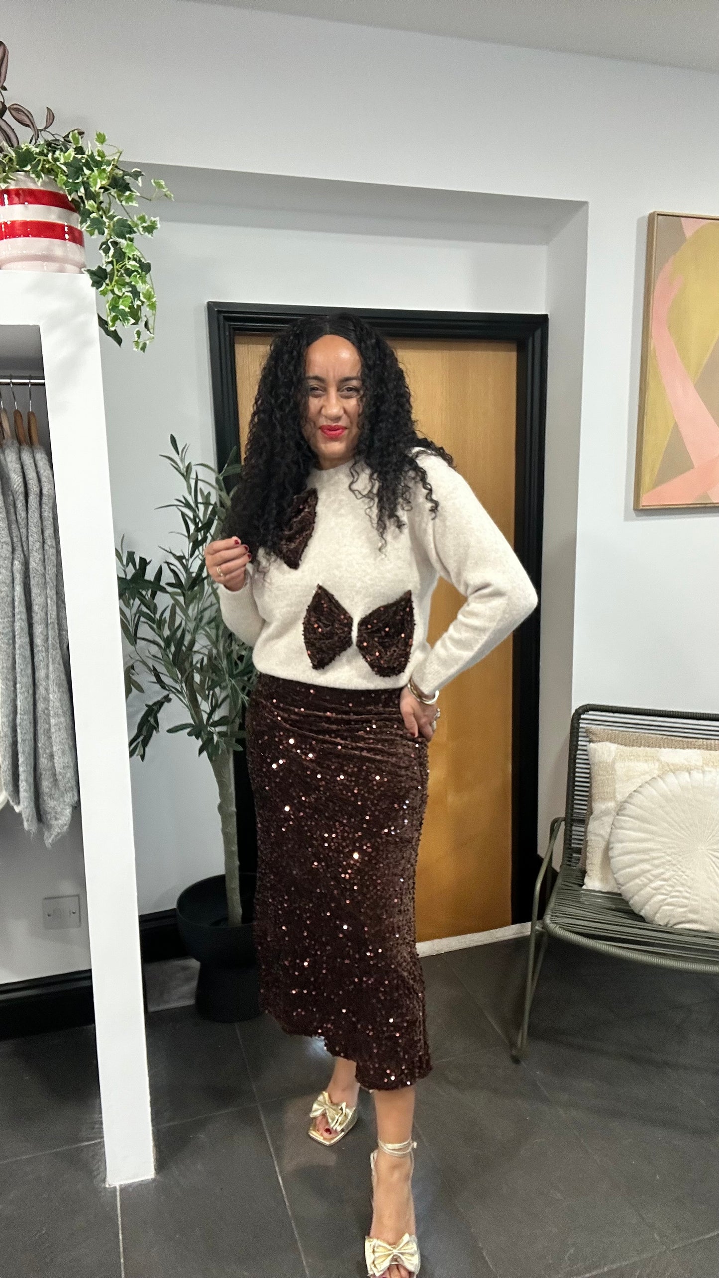 SARA VELVET SEQUIN MIDI SKIRT DEEP BROWN *New