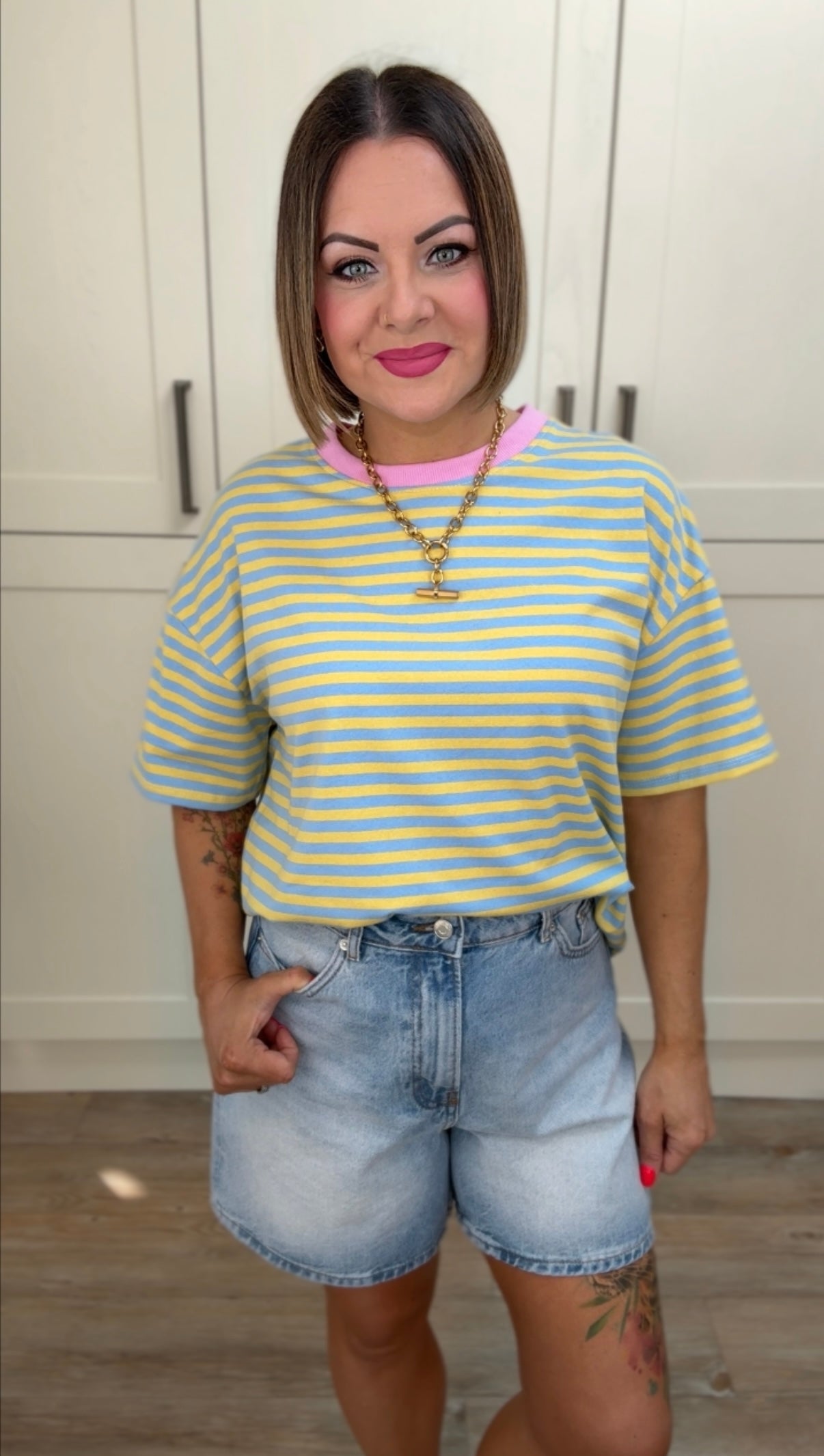 CANDY T SHIRT YELLOW & BLUE STRIPE, PINK TRIM *New