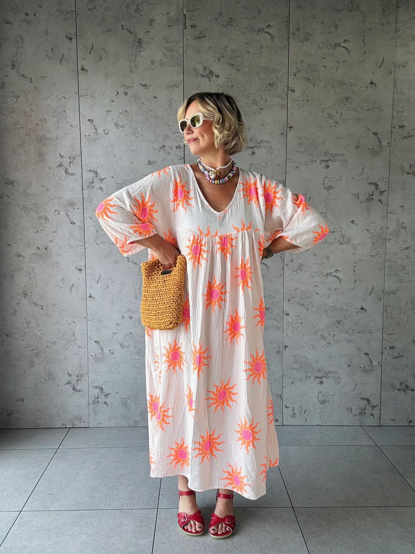 SALE SUNBURST SMOCK DRESS PINKY WHITE & ORANGE SUNBURST