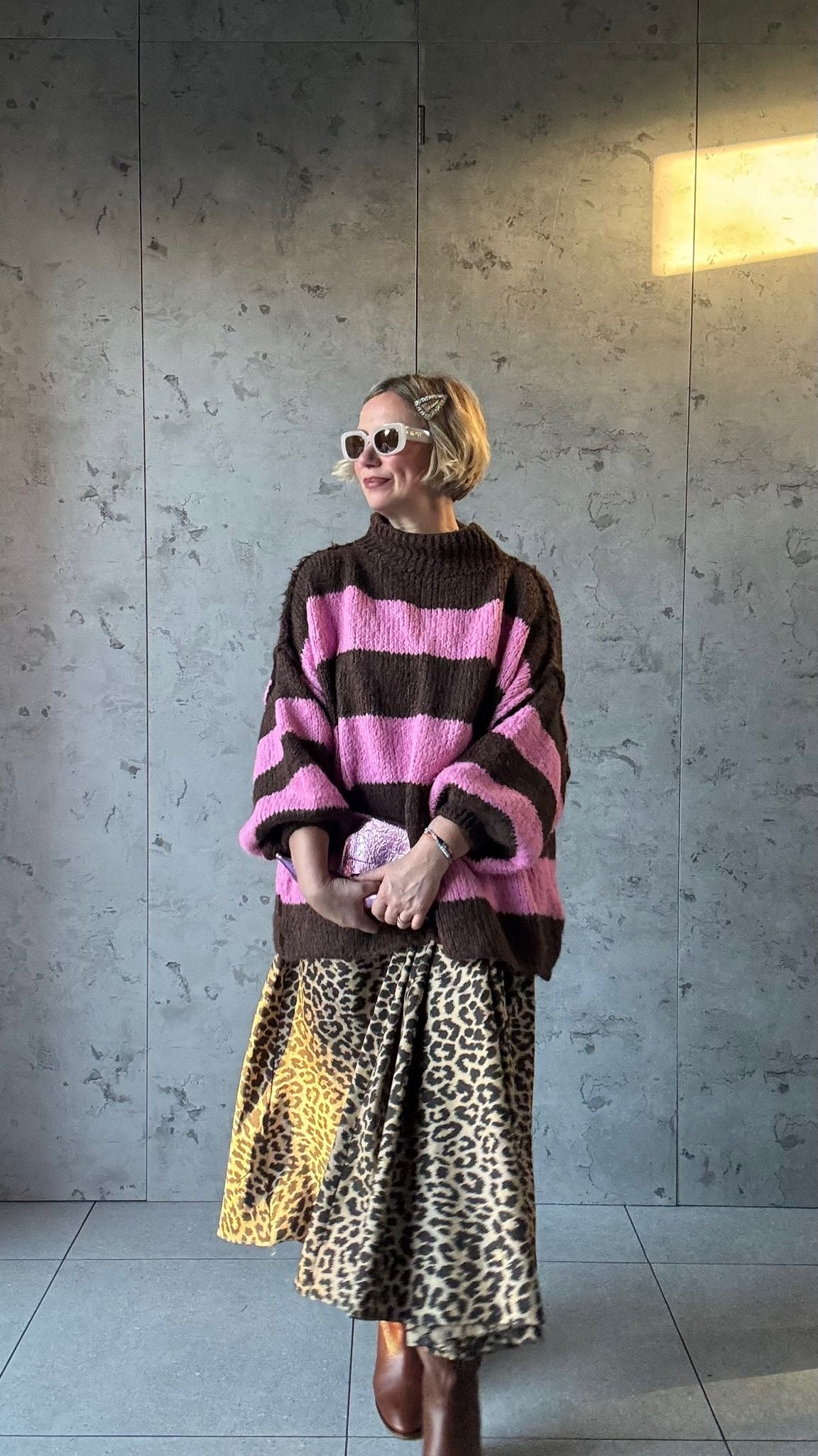 ALEX STRIPED RAW EDGE BALLOON SLEEVED JUMPER RASPBERRY TRUFFLE PINK & CHOCOLATE *New