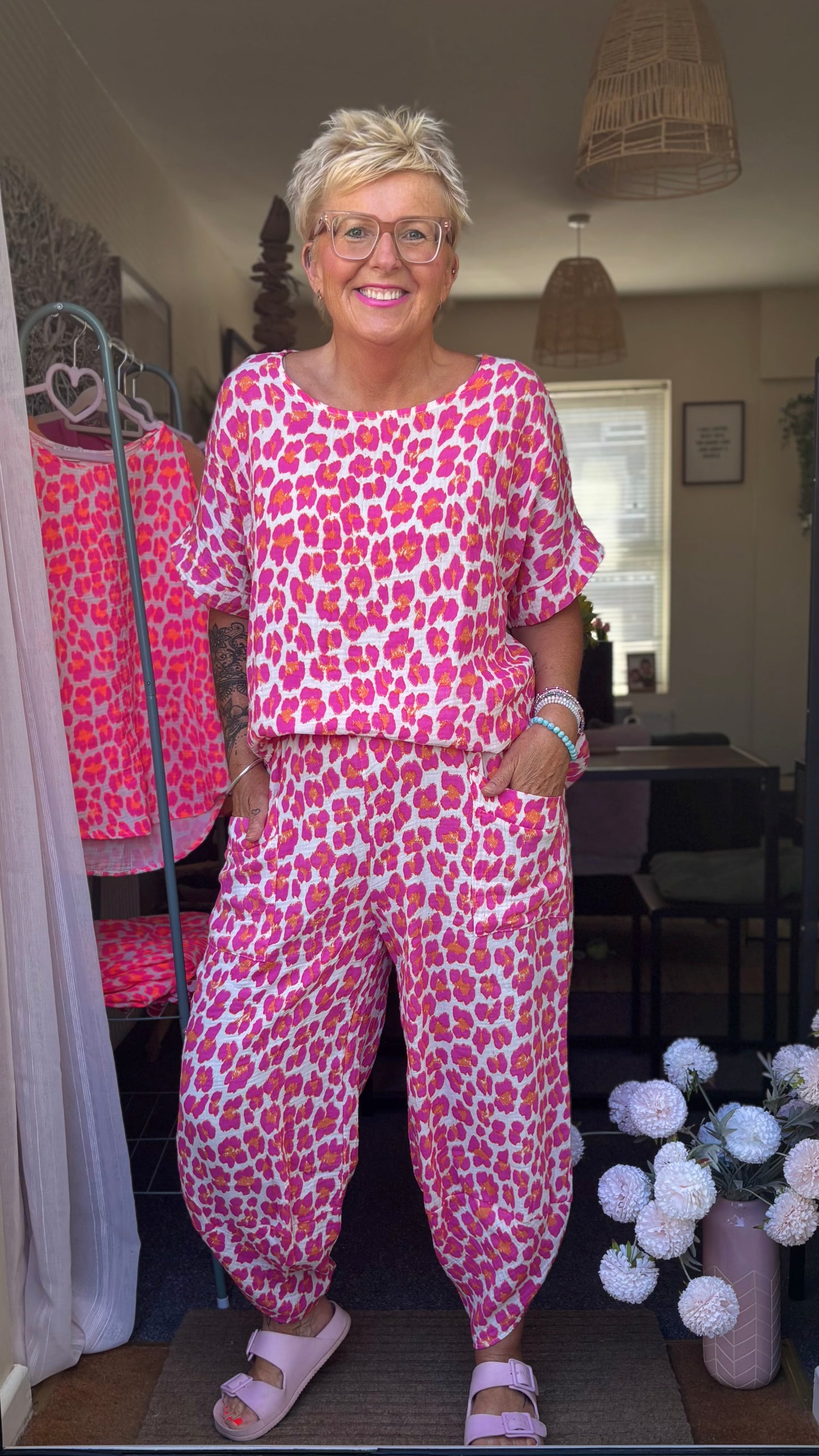SALE FRUITELLA LUXE LEOPARD BARREL LEG TROUSERS FUSCHIA LEOPARD