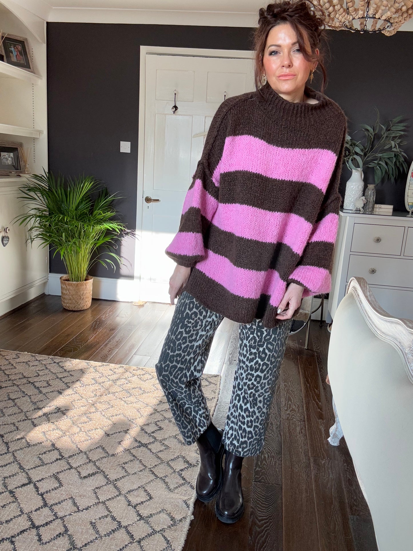 ALEX STRIPED RAW EDGE BALLOON SLEEVED JUMPER RASPBERRY TRUFFLE PINK & CHOCOLATE *New