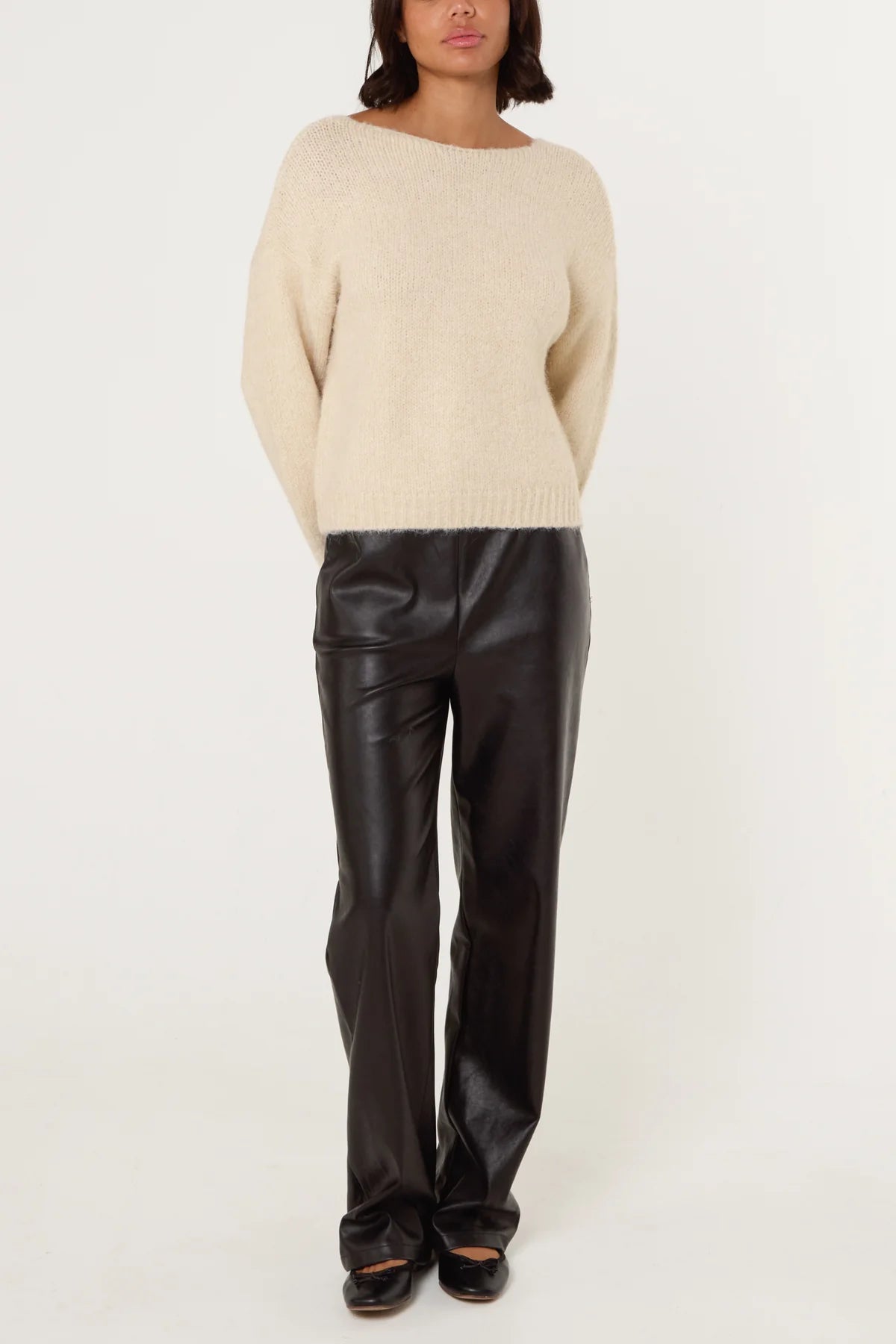 DIAMANTE BOW V-NECK KNIT JUMPER BEIGE MELANGE *New