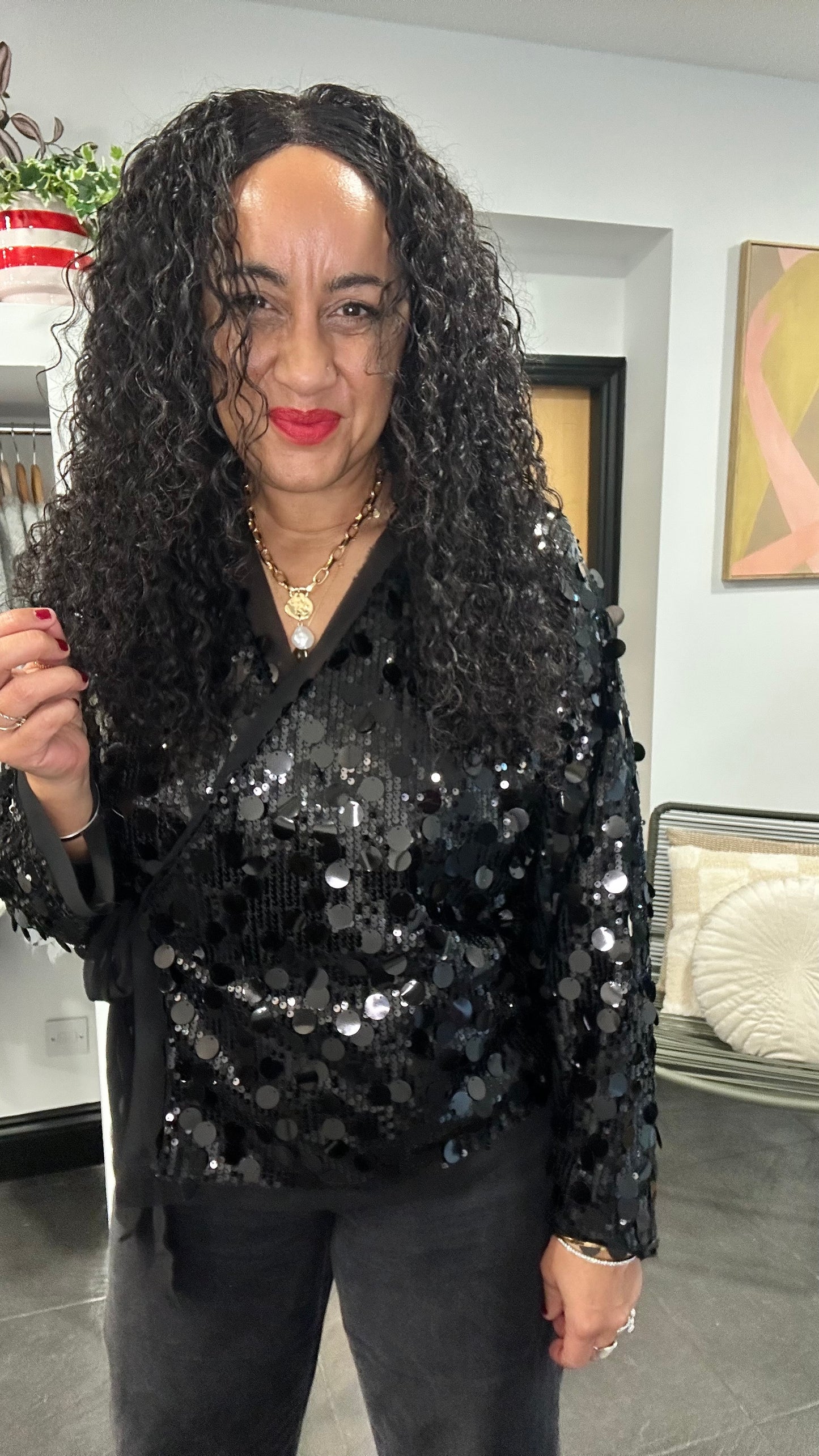 KRIS SEQUIN WRAP TIE BLOUSE BLACK *New