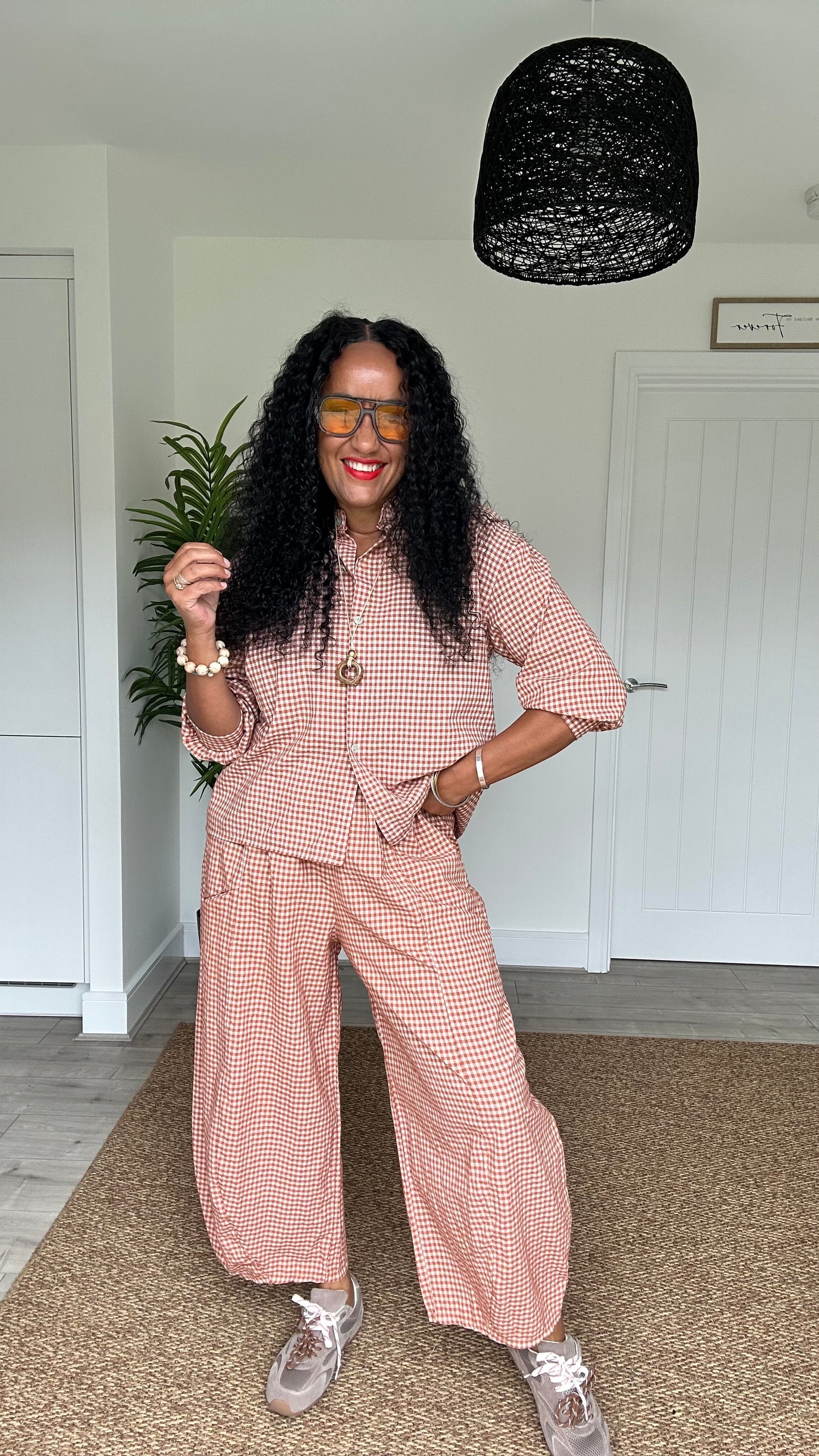 AVA GINGHAM BARREL LEG TROUSERS TERRACOTTA *New