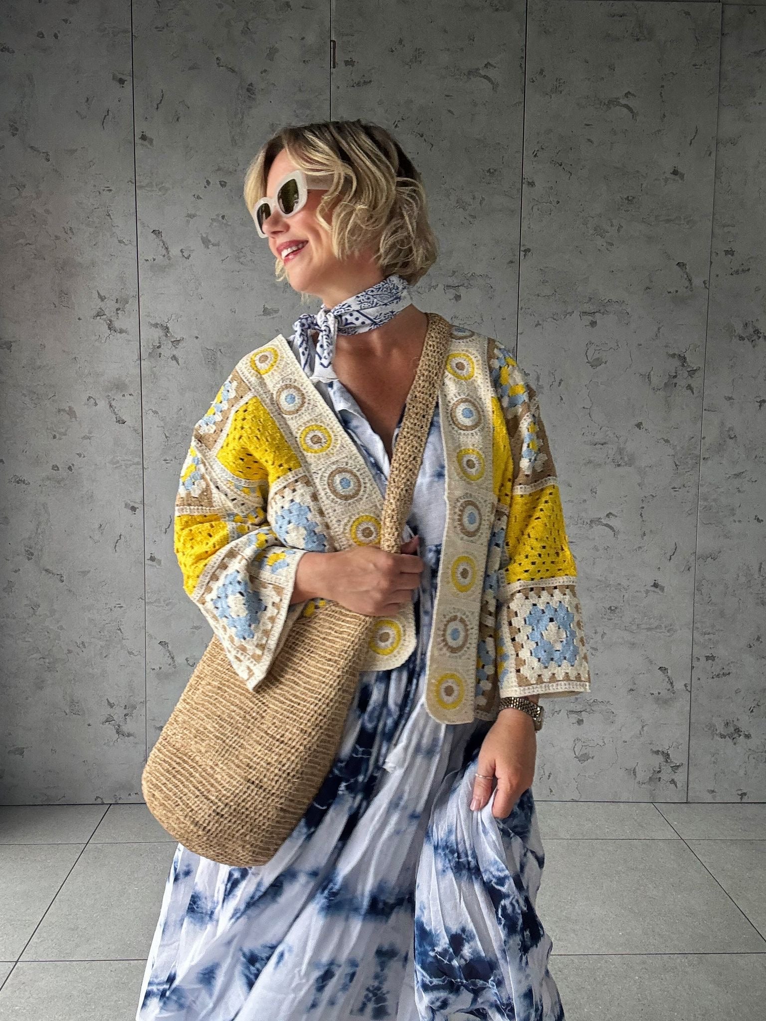 Yellow Blue Kimono Cardigan Maxbell Boho Style Women Chiffon Cover