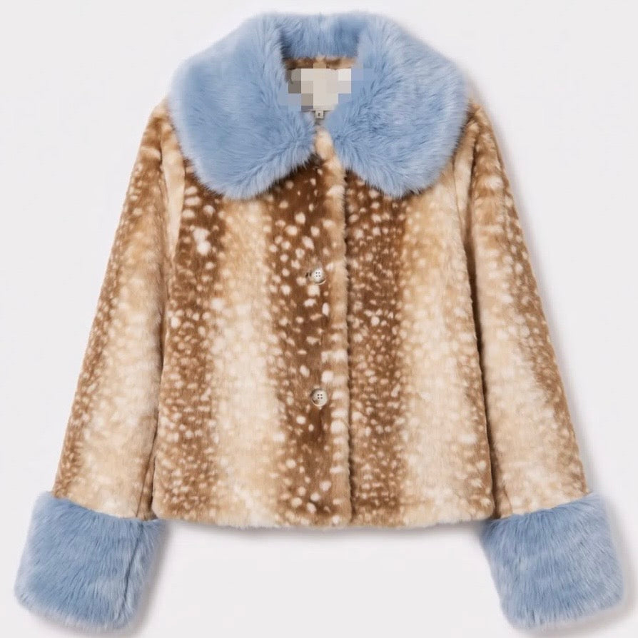 FIFI FAWN PRINT FAUX FUR JACKET BLUE *New