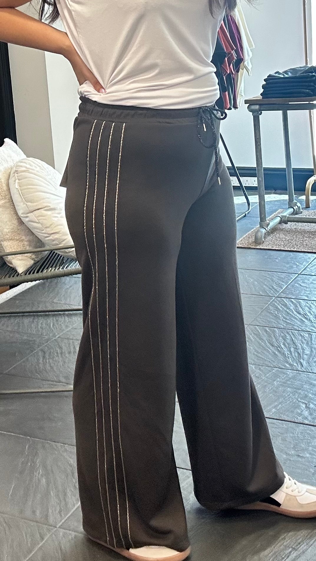 WIDE LEG JOGGERS GOLD TRIM CHOCOLATE BROWN *New
