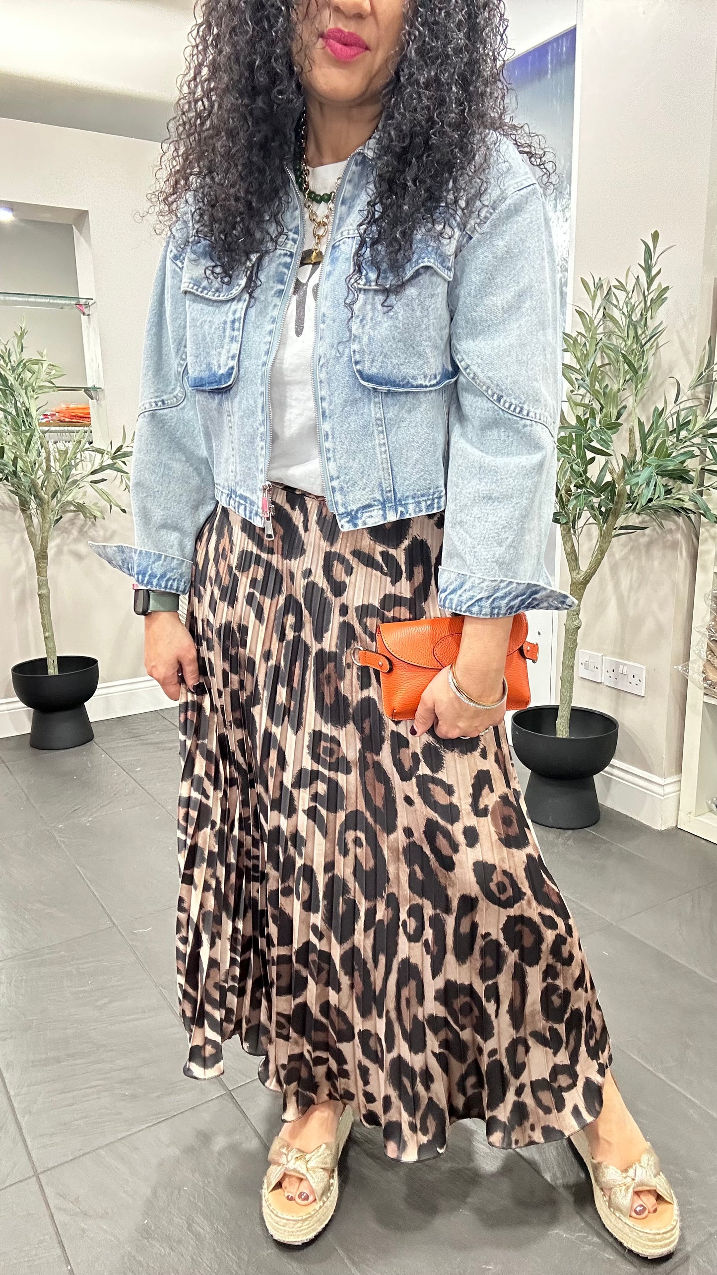 SALE ABBIE LEOPARD PRINT SATIN PLEATED MAXI SKIRT BROWN