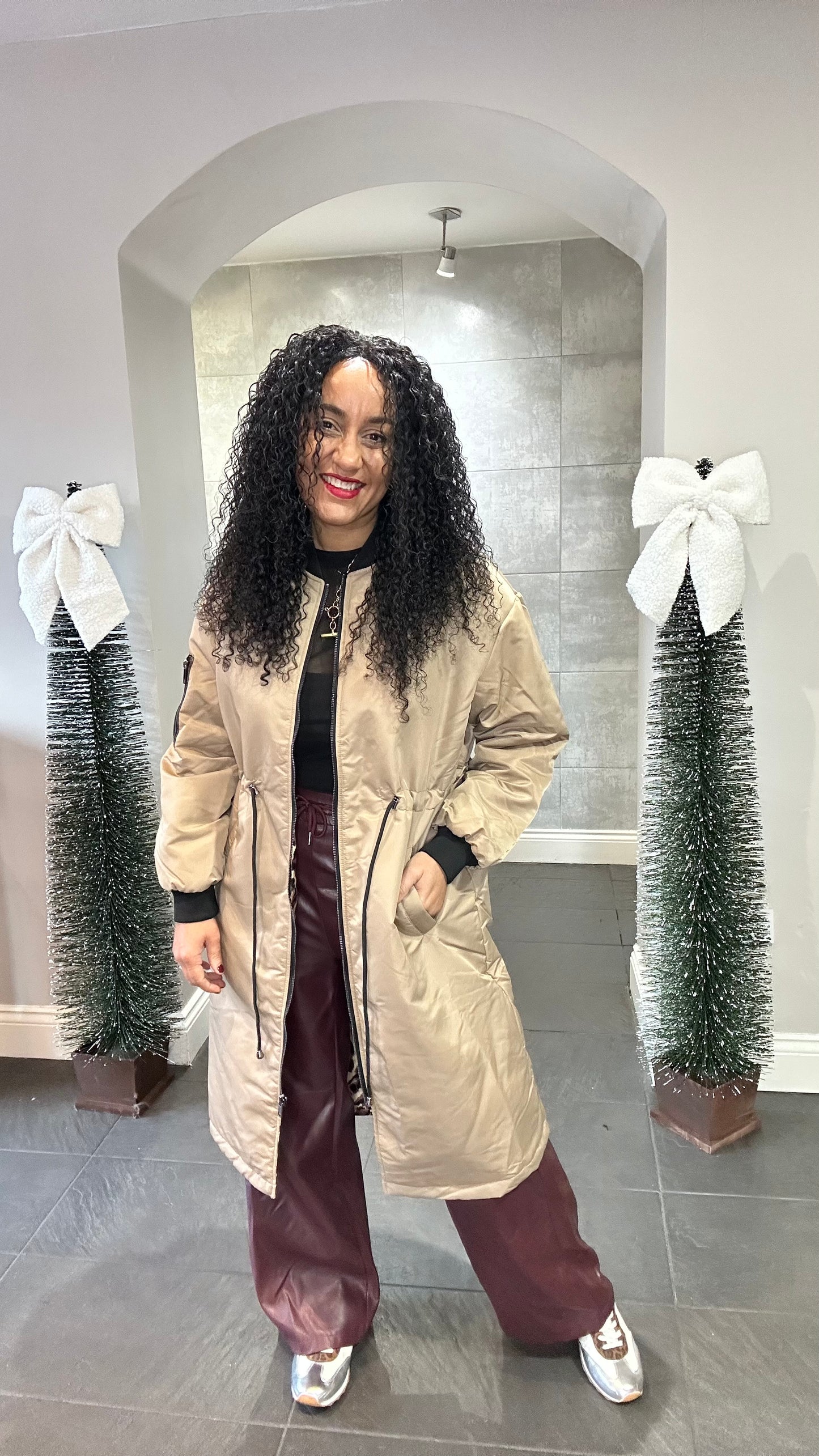 SALE COAT TAUPE REVERSIBLE LONG LINE BOMBER JACKET ZEA