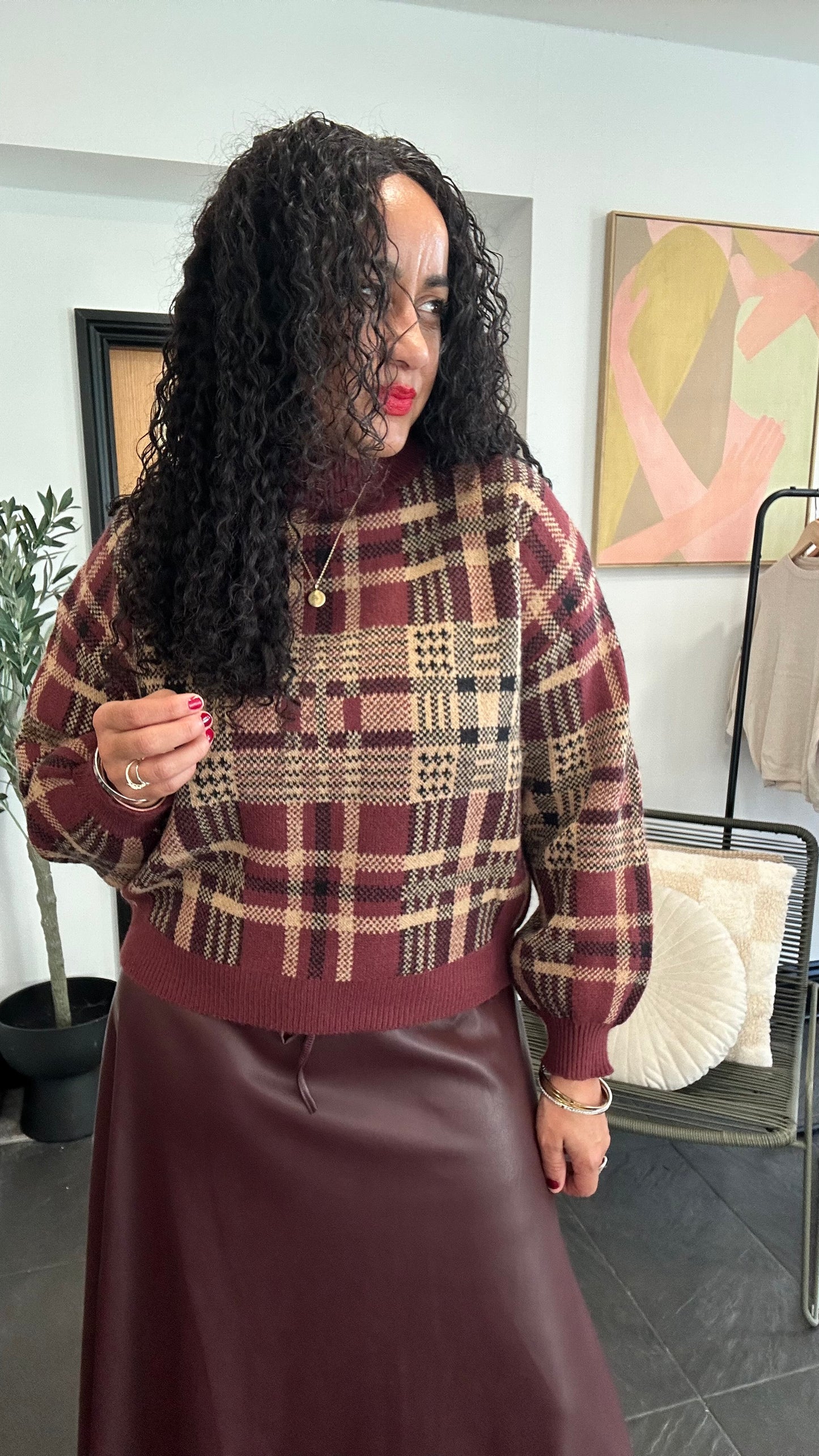 TESS PLAID KNIT SWEATER WINE *New