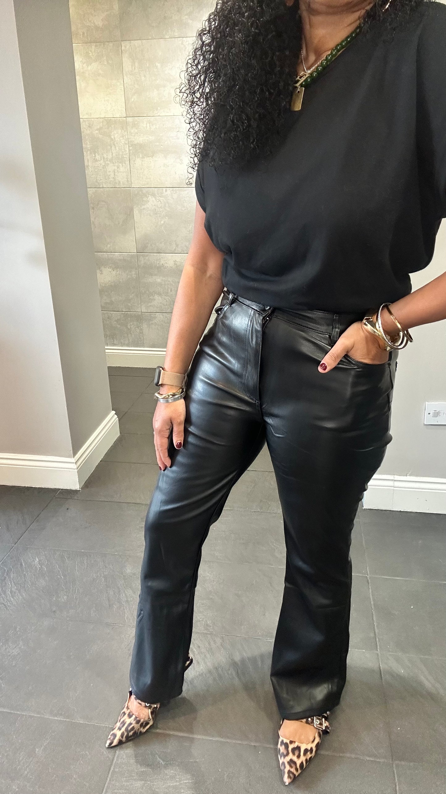 SALE LAULIA FAUX LEATHER SKINNY FLARED TROUSERS BLACK