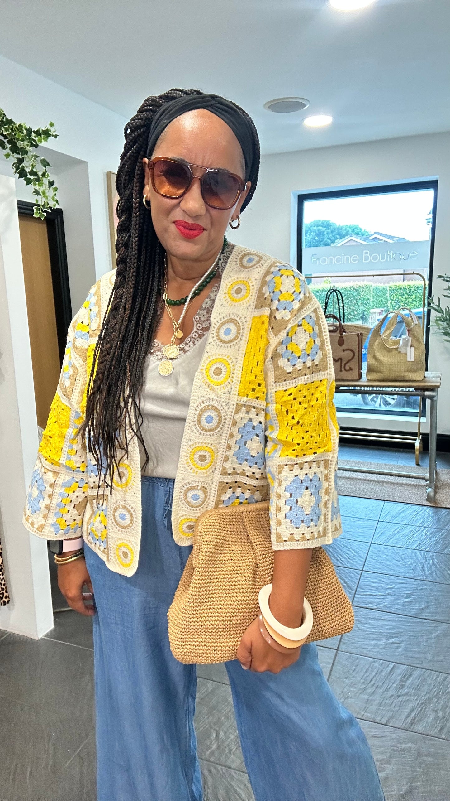 KOKO CROCHET CARDIGAN YELLOW & SKY BLUE *New