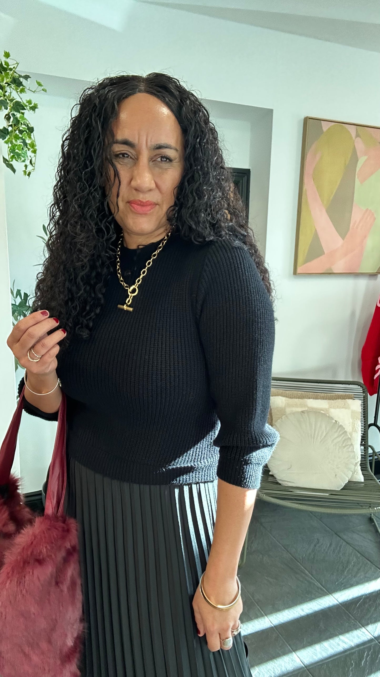 SATIN PLEATED KNIT DRESS BLACK *New