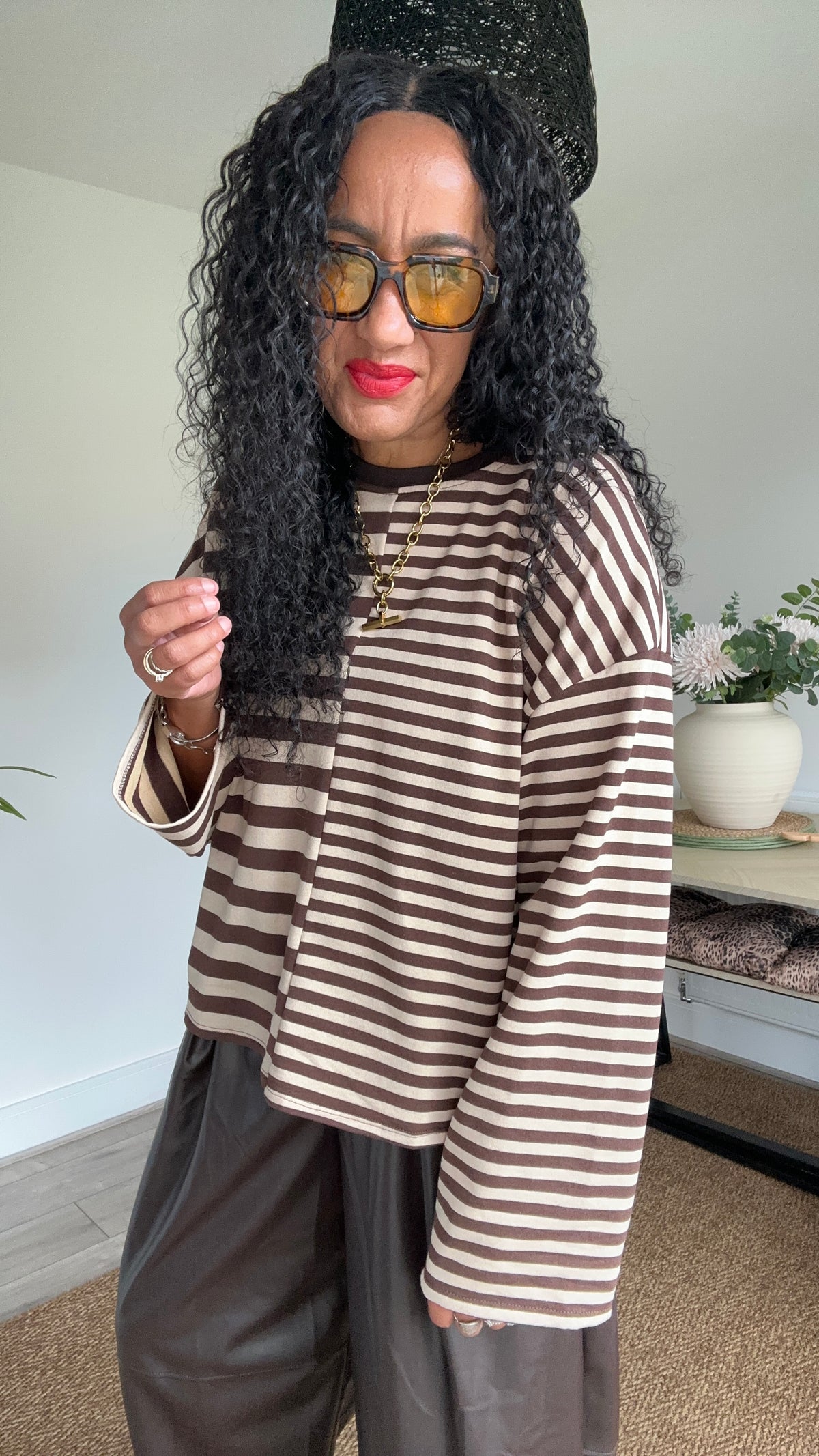 IXA STRIPE COTTON TOP BEIGE & BROWN *New