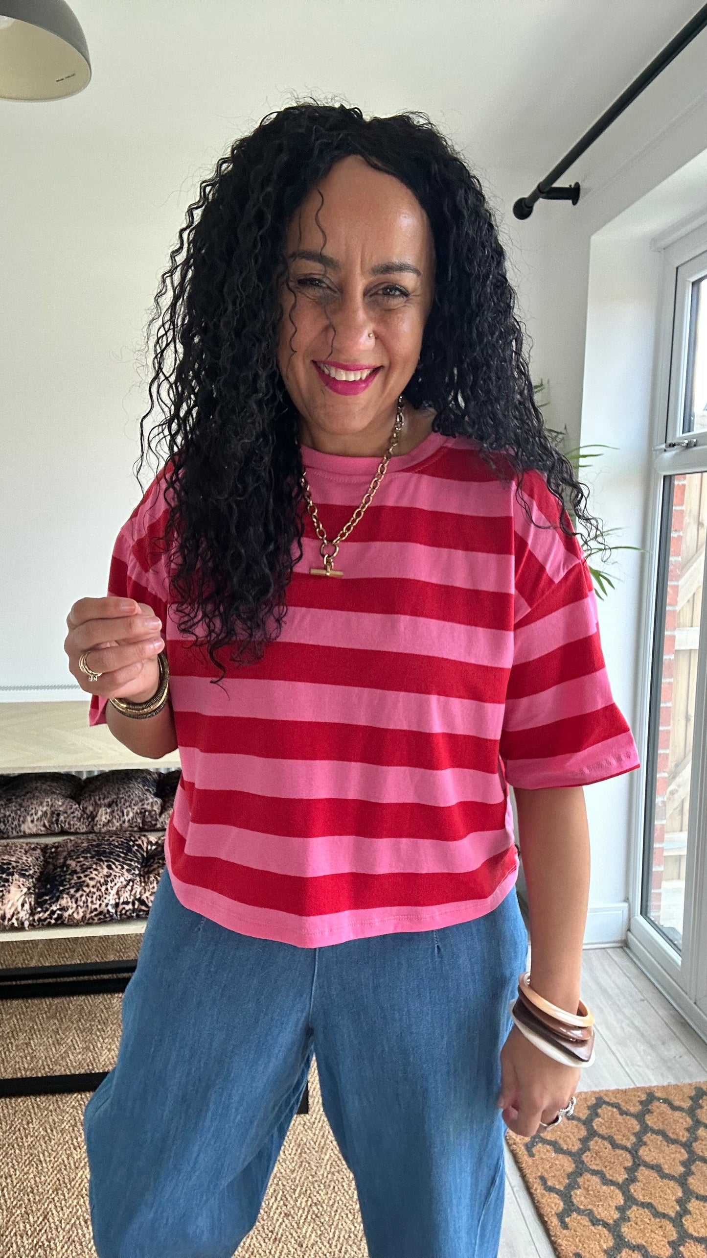 BOLD STRIPE RELAXED T SHIRT RED & PINK *New