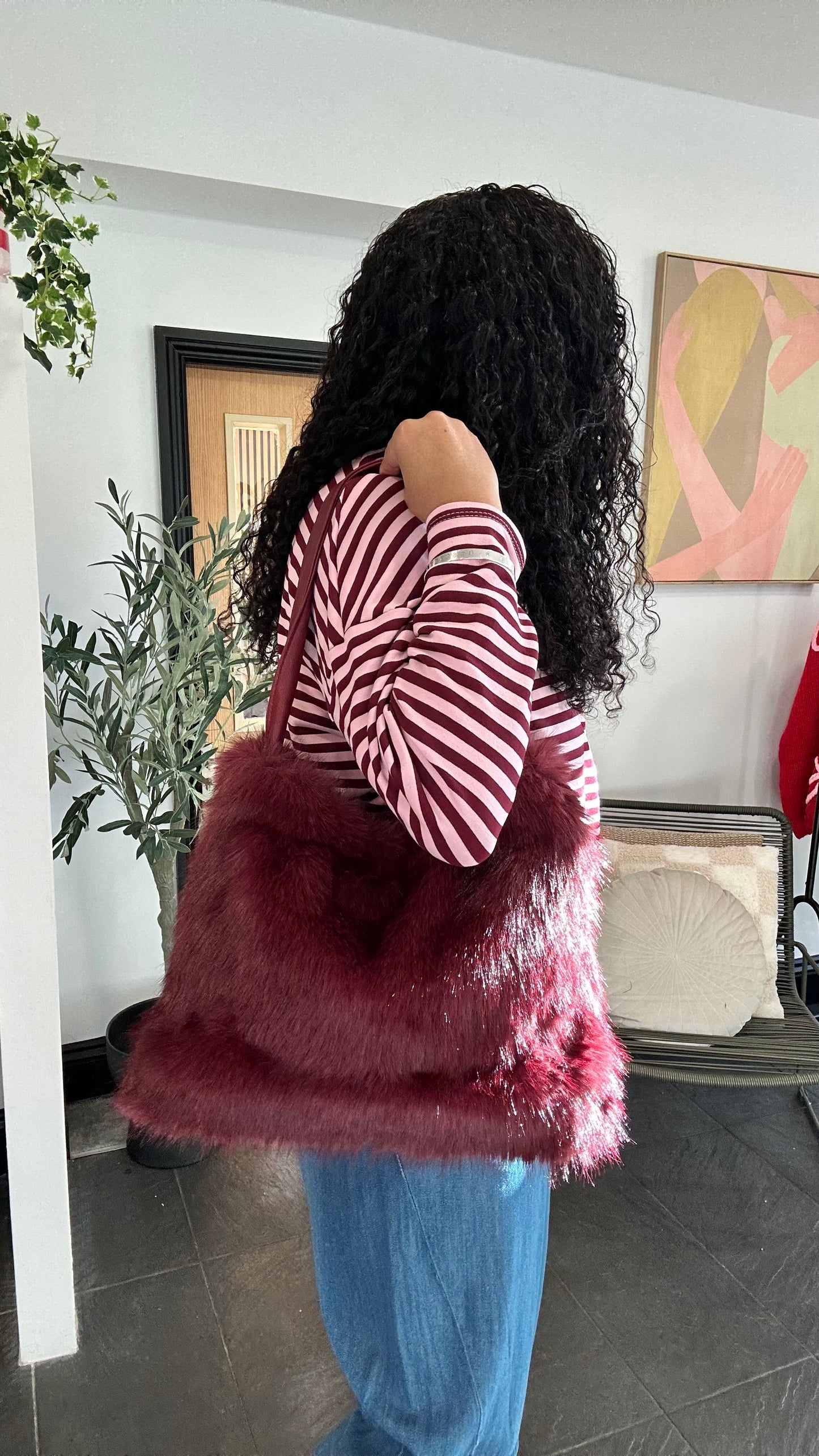 FAUX FURR BAG BURGUNDY WINE RED *New