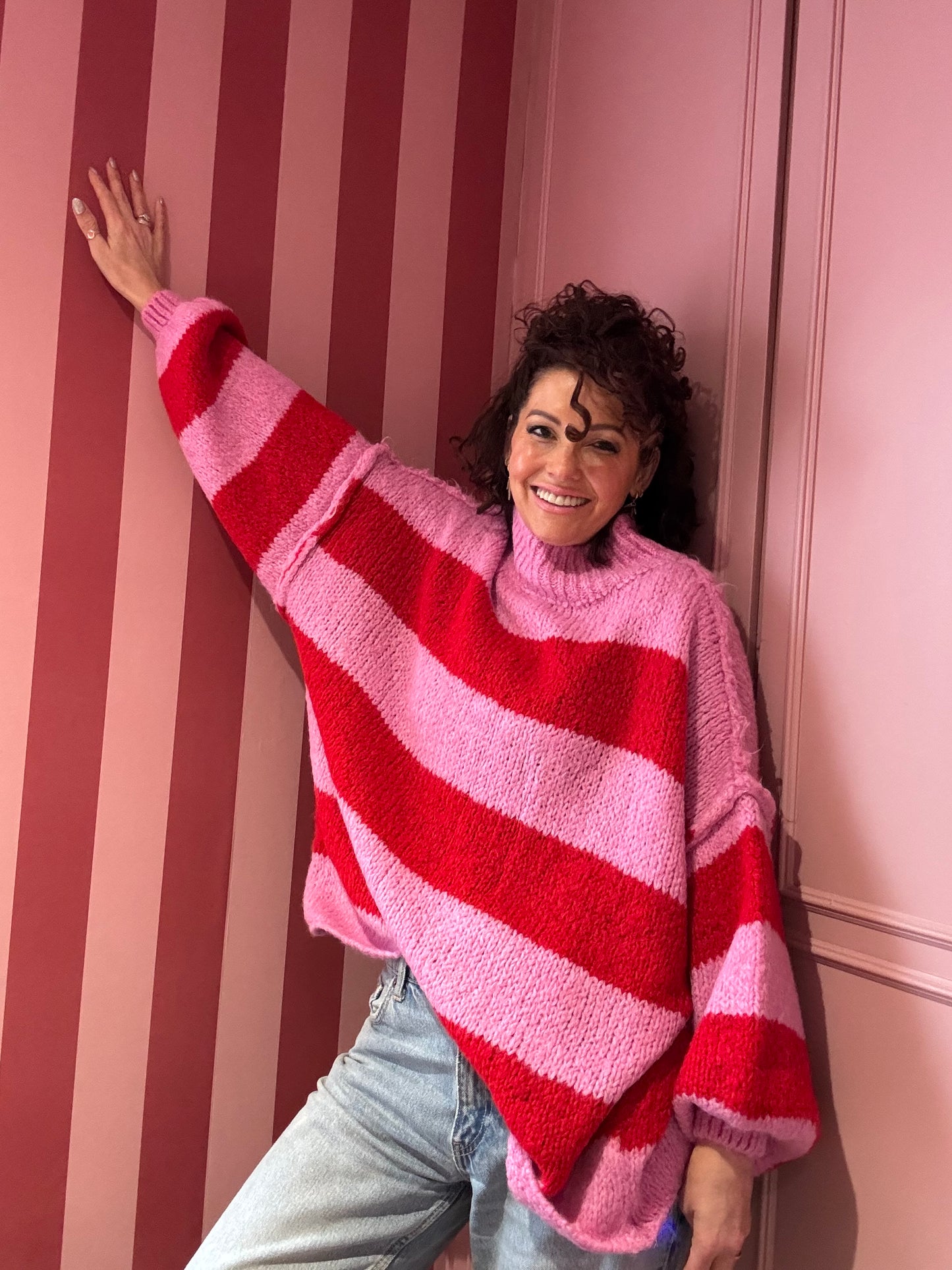 ALEX STRIPED RAW EDGE BALLOON SLEEVED JUMPER CANDY CANE RED & PINK *New