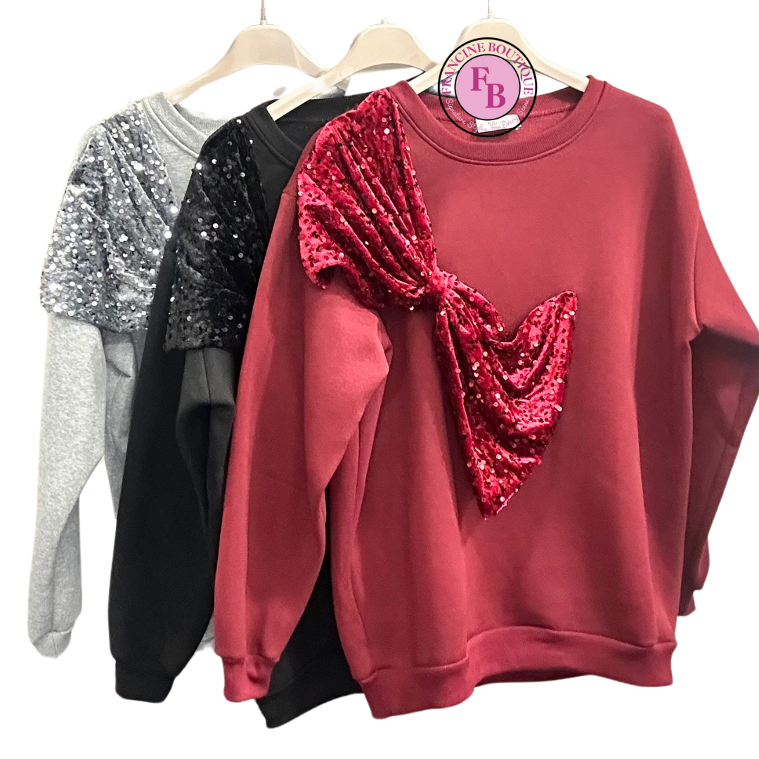 SALE TILLY SEQUIN BOW SWEATER BURGUNDY