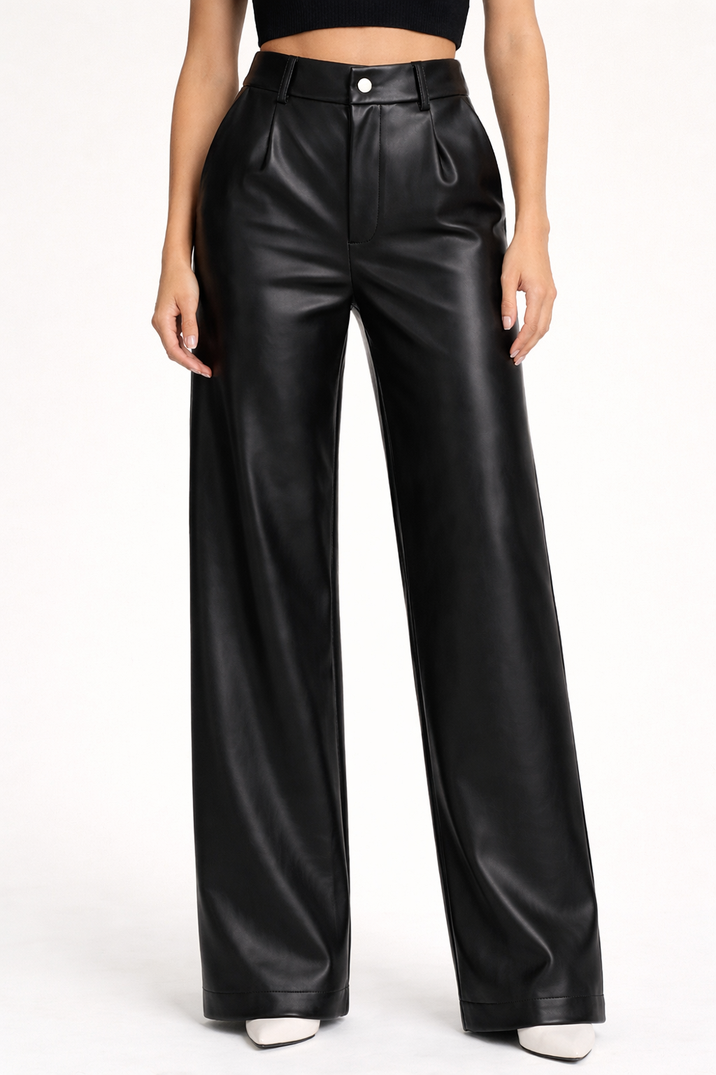 SALE PLEATHER STRAIGHT LEG TROUSERS BLACK