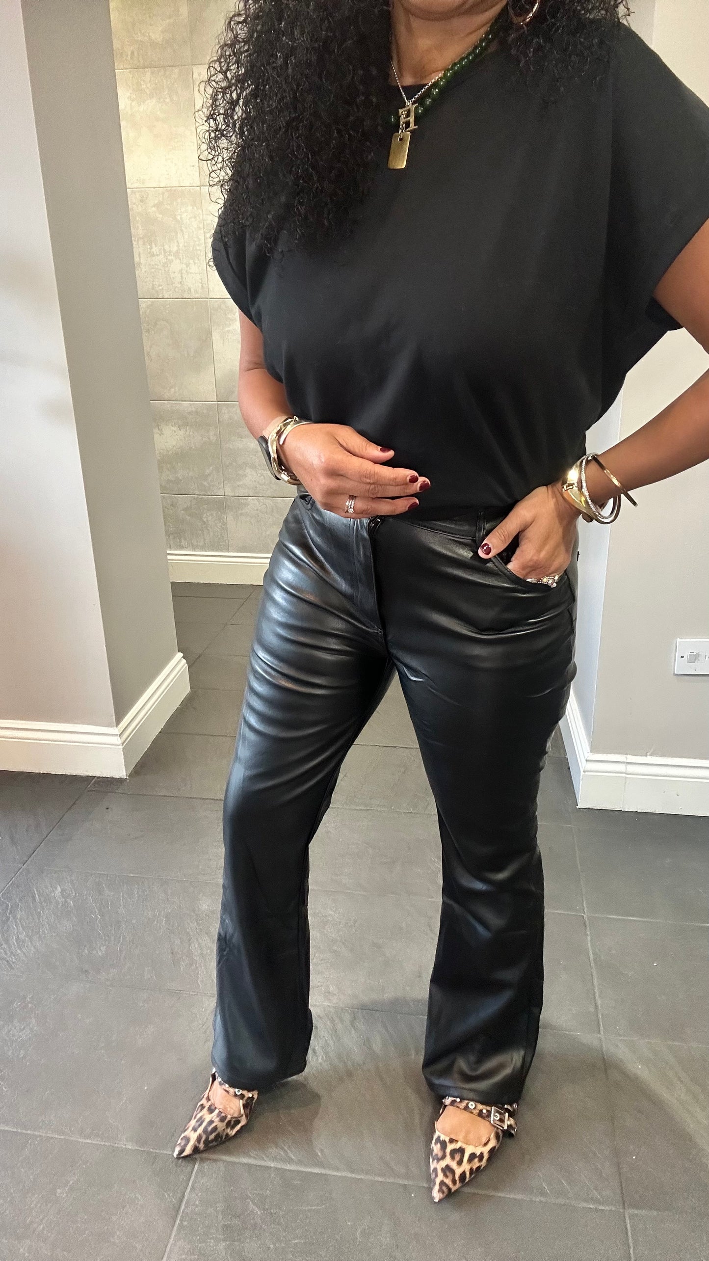 SALE LAULIA FAUX LEATHER SKINNY FLARED TROUSERS BLACK