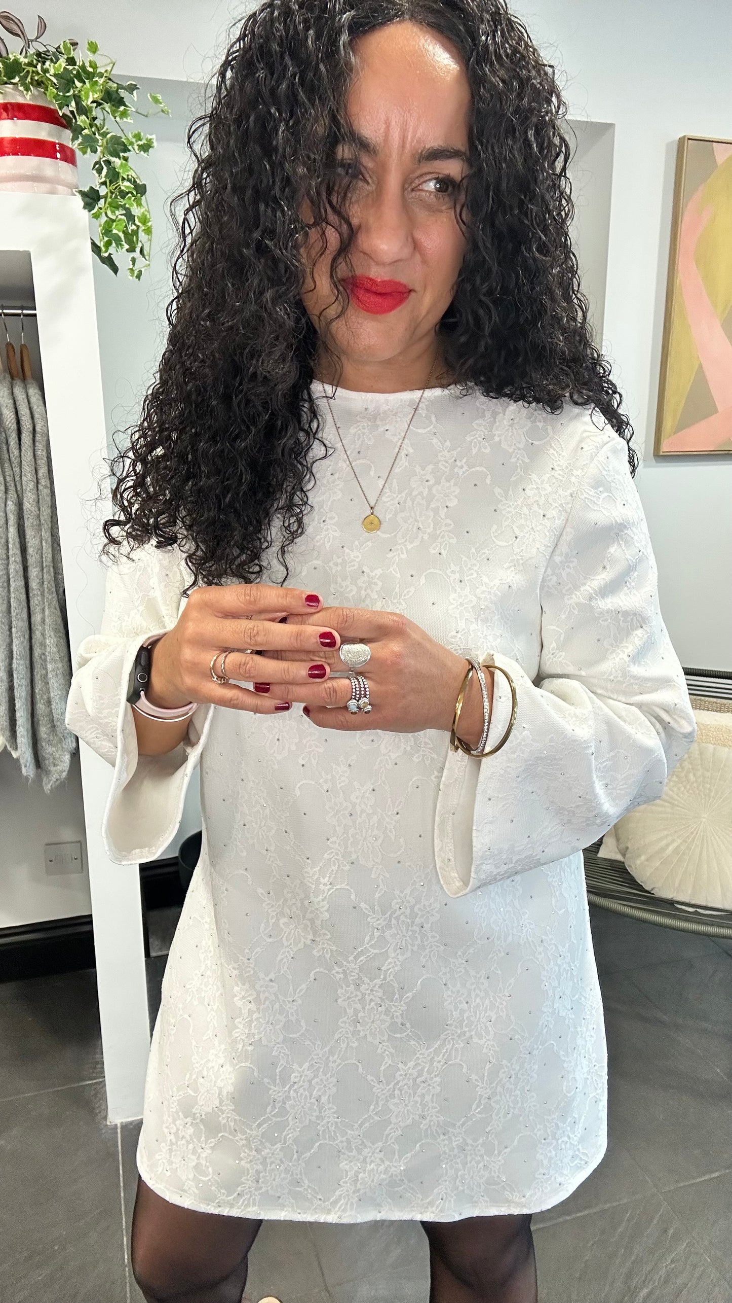 TERESA STUD DETAIL JACQUARD BOW BACK DRESS IVORY *NEW