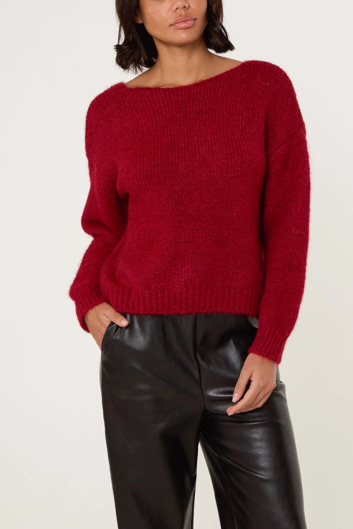 DIAMANTE BOW V-NECK KNIT JUMPER WINE *New