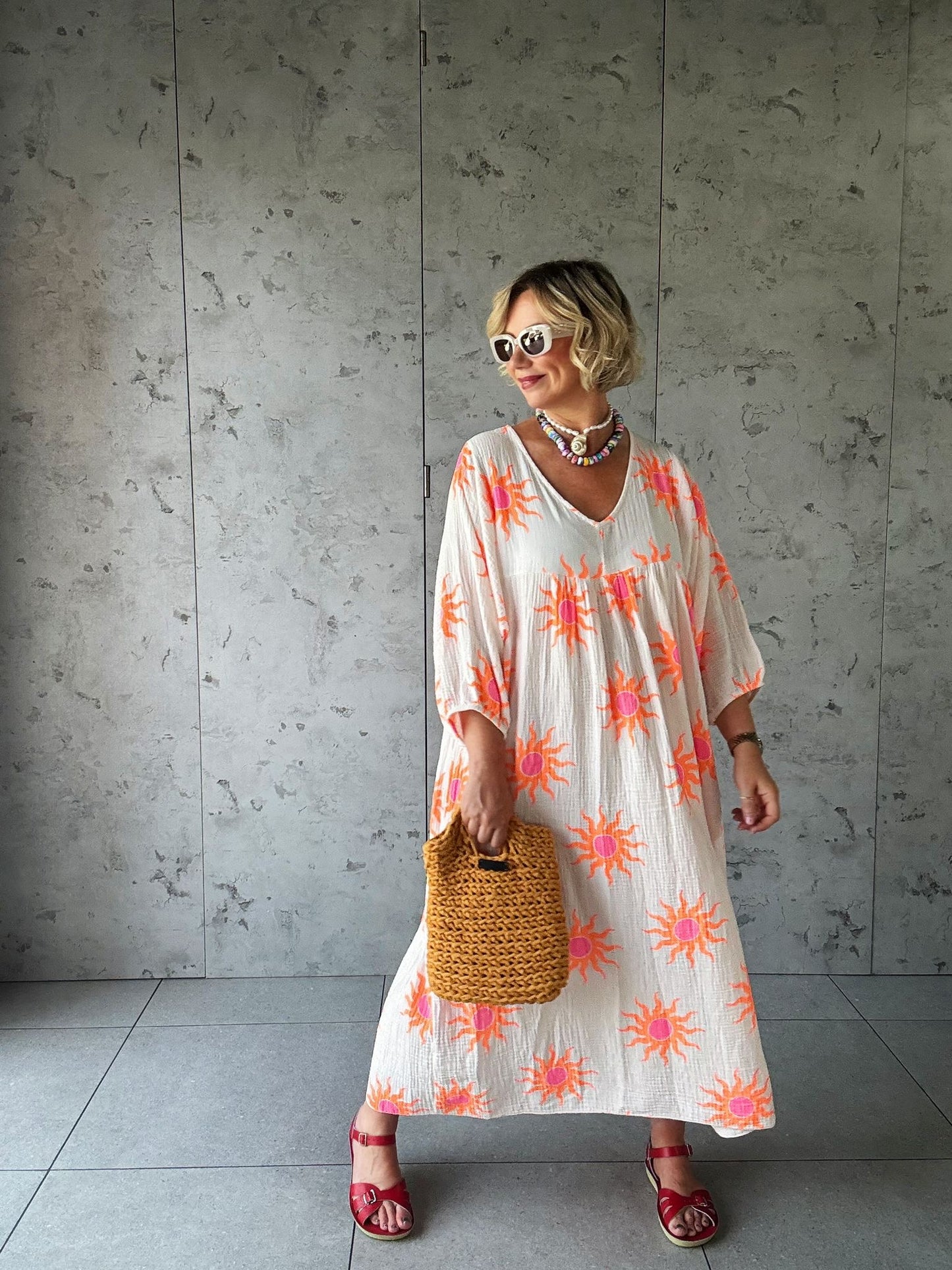 SALE SUNBURST SMOCK DRESS PINKY WHITE & ORANGE SUNBURST