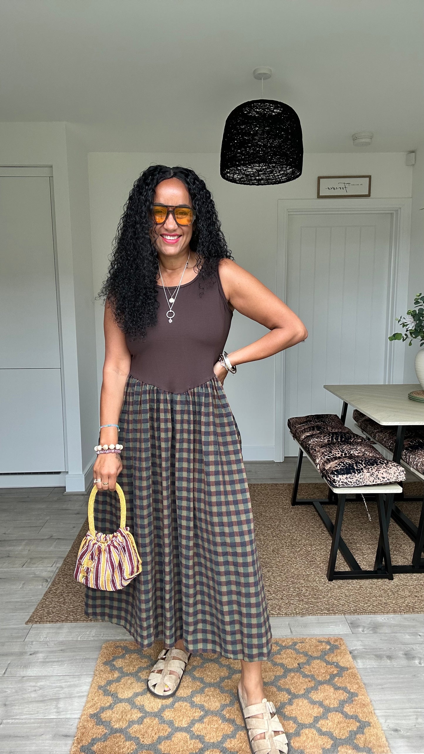 EVERY DAY CHECK MIDI DRESS GREEN & BROWN *New
