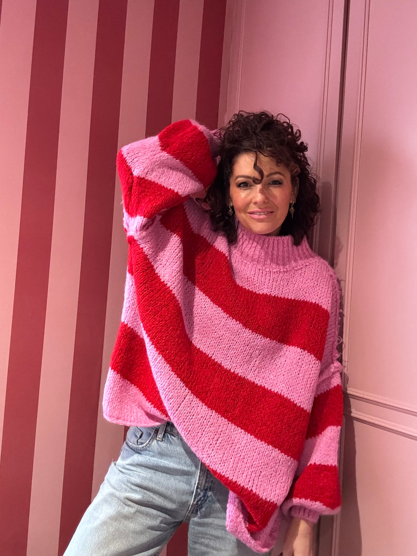 ALEX STRIPED RAW EDGE BALLOON SLEEVED JUMPER CANDY CANE RED & PINK *New