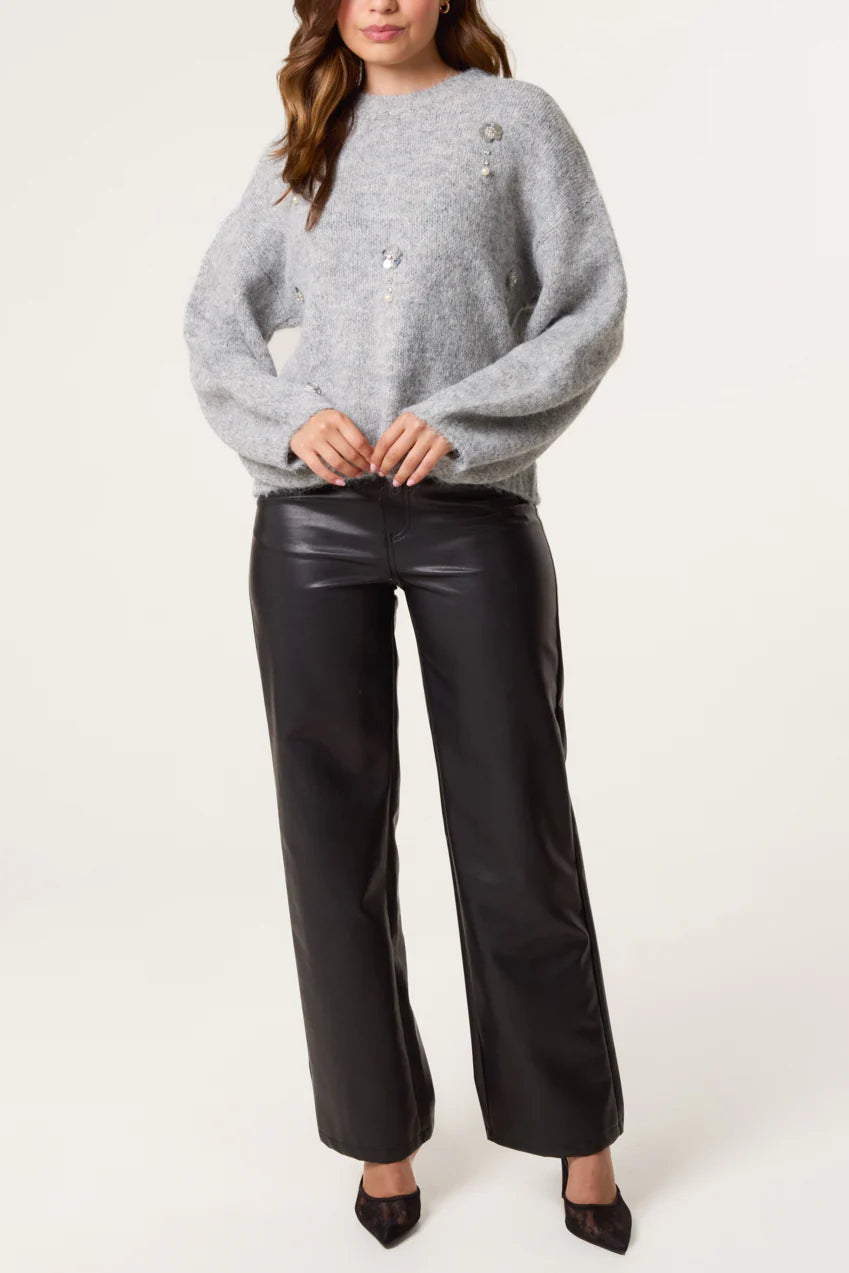 DIAMANTE FLOWER KNIT JUMPER GREY *New