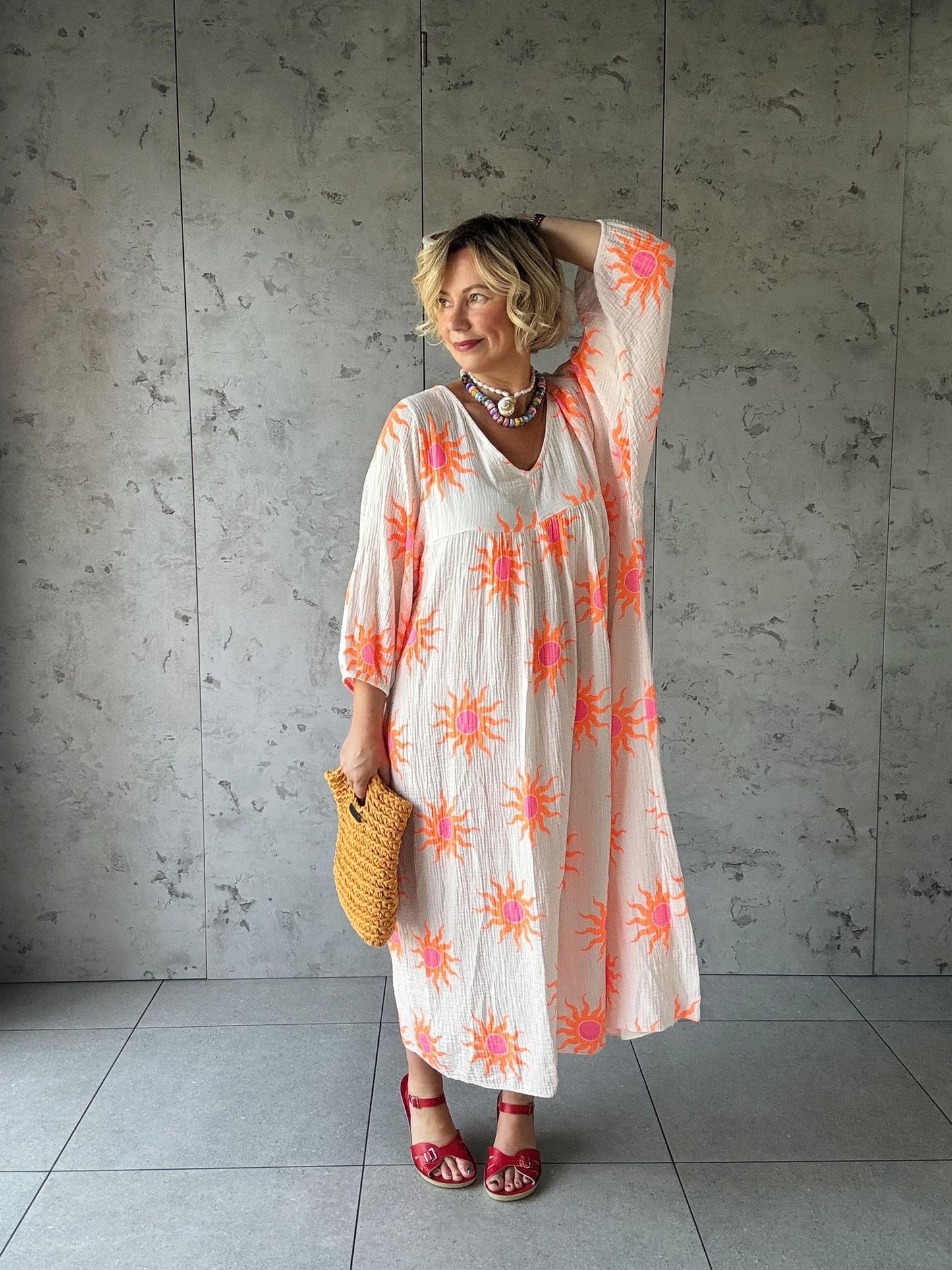 SALE SUNBURST SMOCK DRESS PINKY WHITE & ORANGE SUNBURST