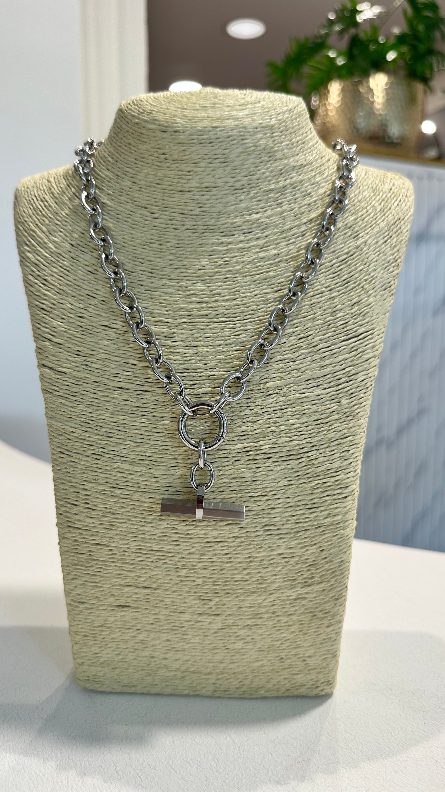 LUXURIOUS T-BAR LINK NECKLACE CHAIN SILVER