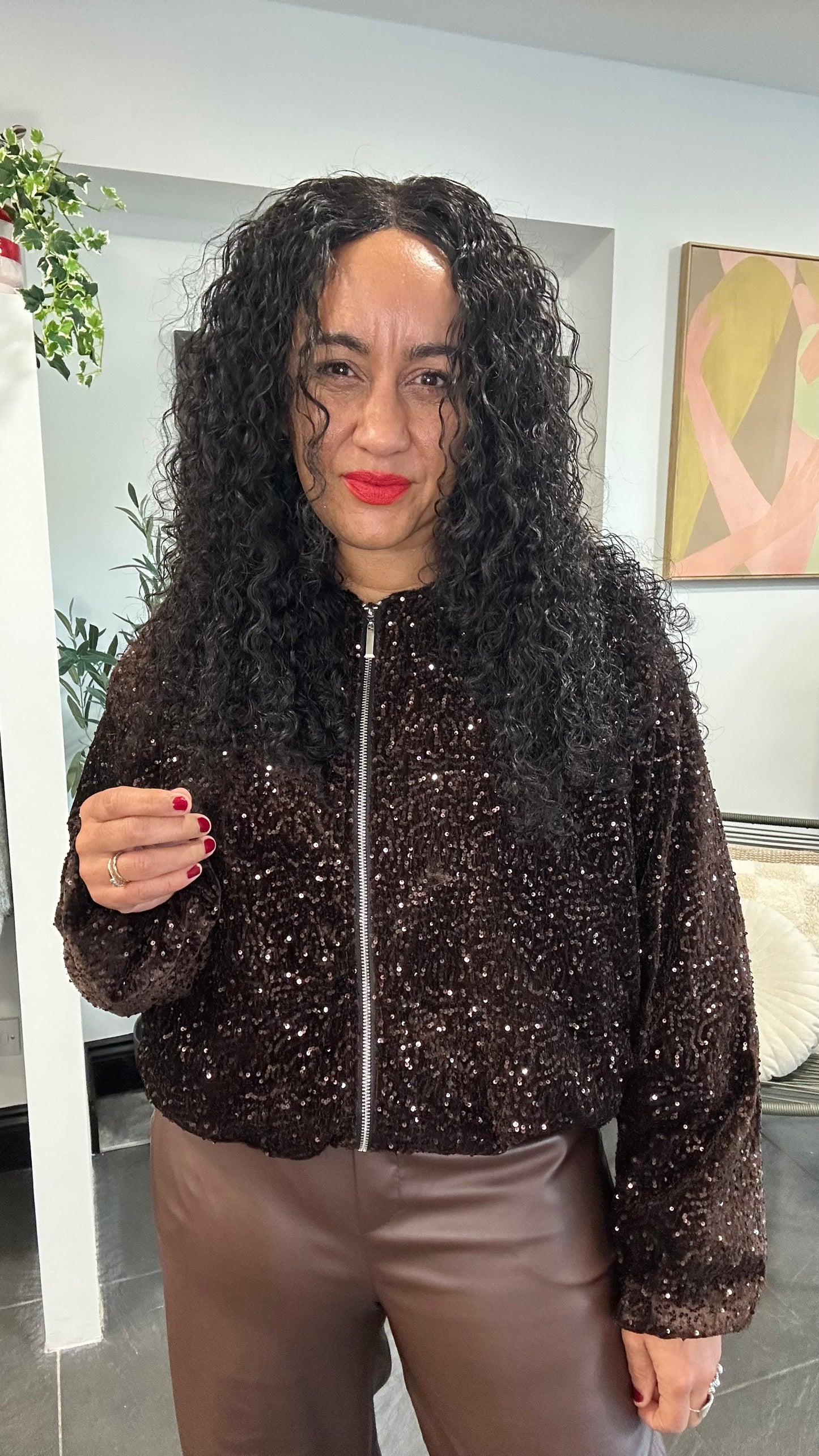 ARIANA SEQUIN BOMBER JACKET DEEP BROWN *New