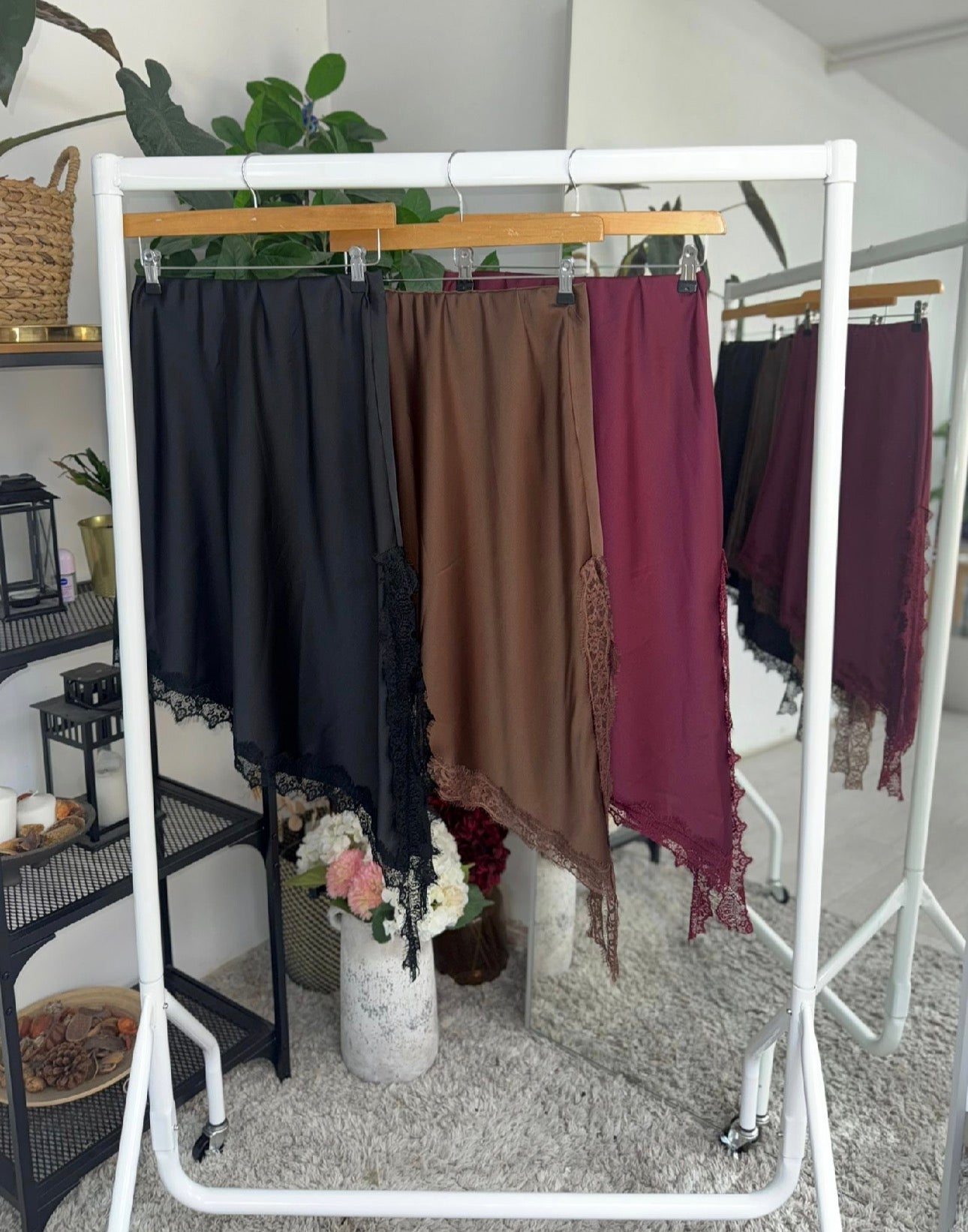 SALE PENNY LACE TRIM ASYMMETRIC SATIN FEEL SKIRT BURGUNDY WINE