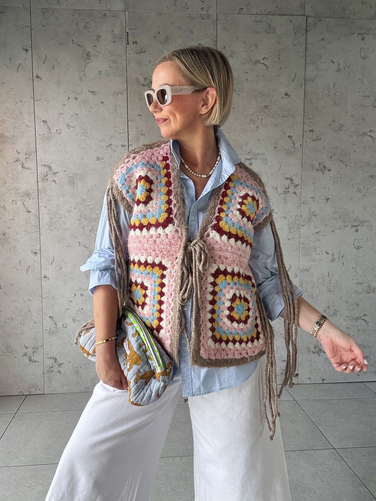 NAVAJO TASSEL OVERSIZED WAISTCOAT TAUPE & BLUSH *New