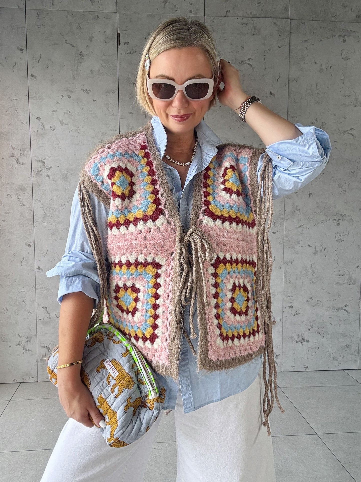 NAVAJO TASSEL OVERSIZED WAISTCOAT TAUPE & BLUSH *New