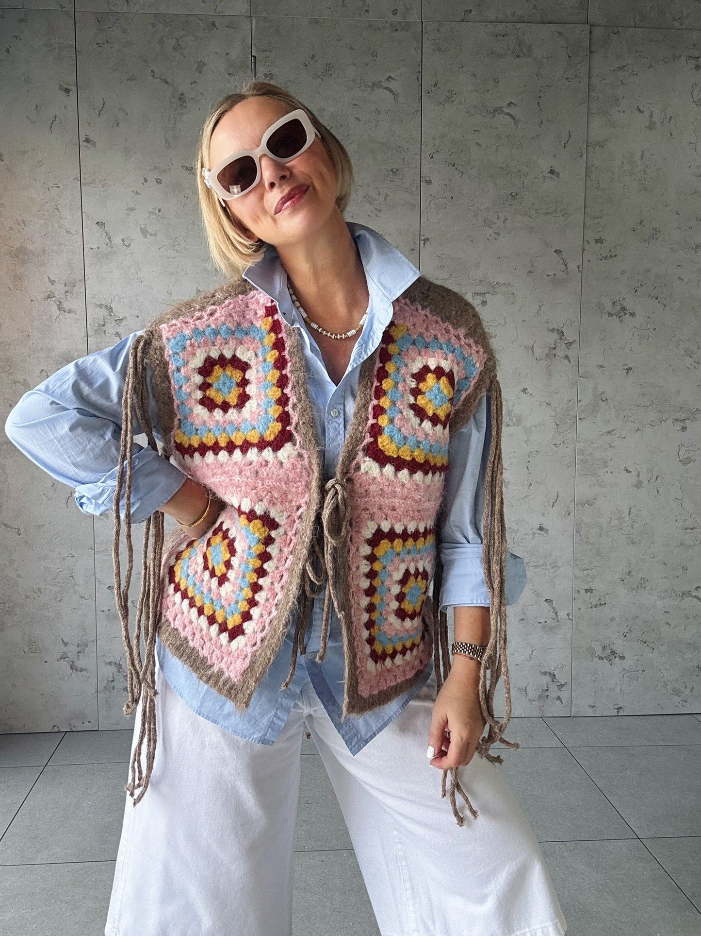 NAVAJO TASSEL OVERSIZED WAISTCOAT TAUPE & BLUSH *New