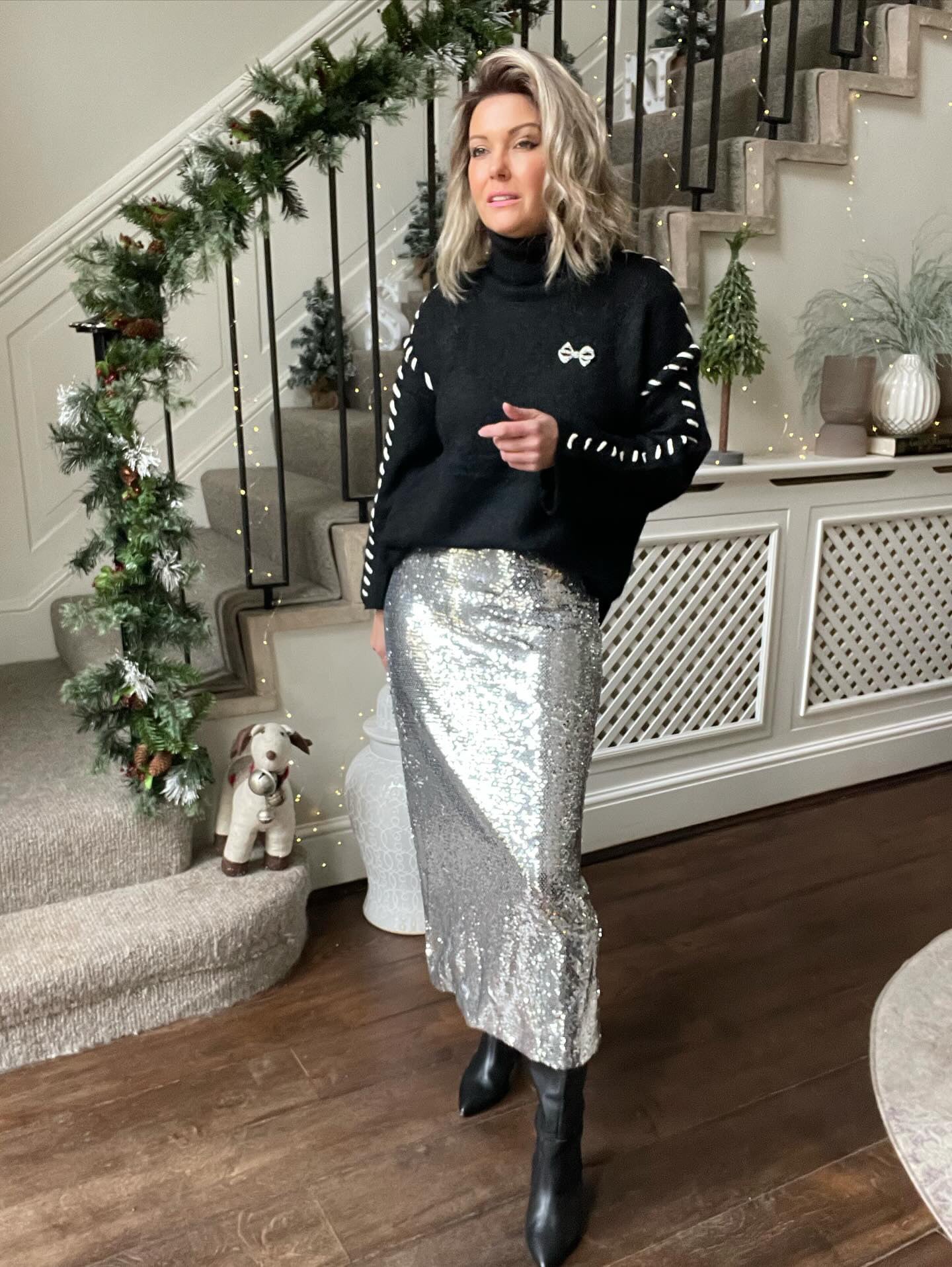 SALE SEQUIN MIDI SKIRT - SILVER