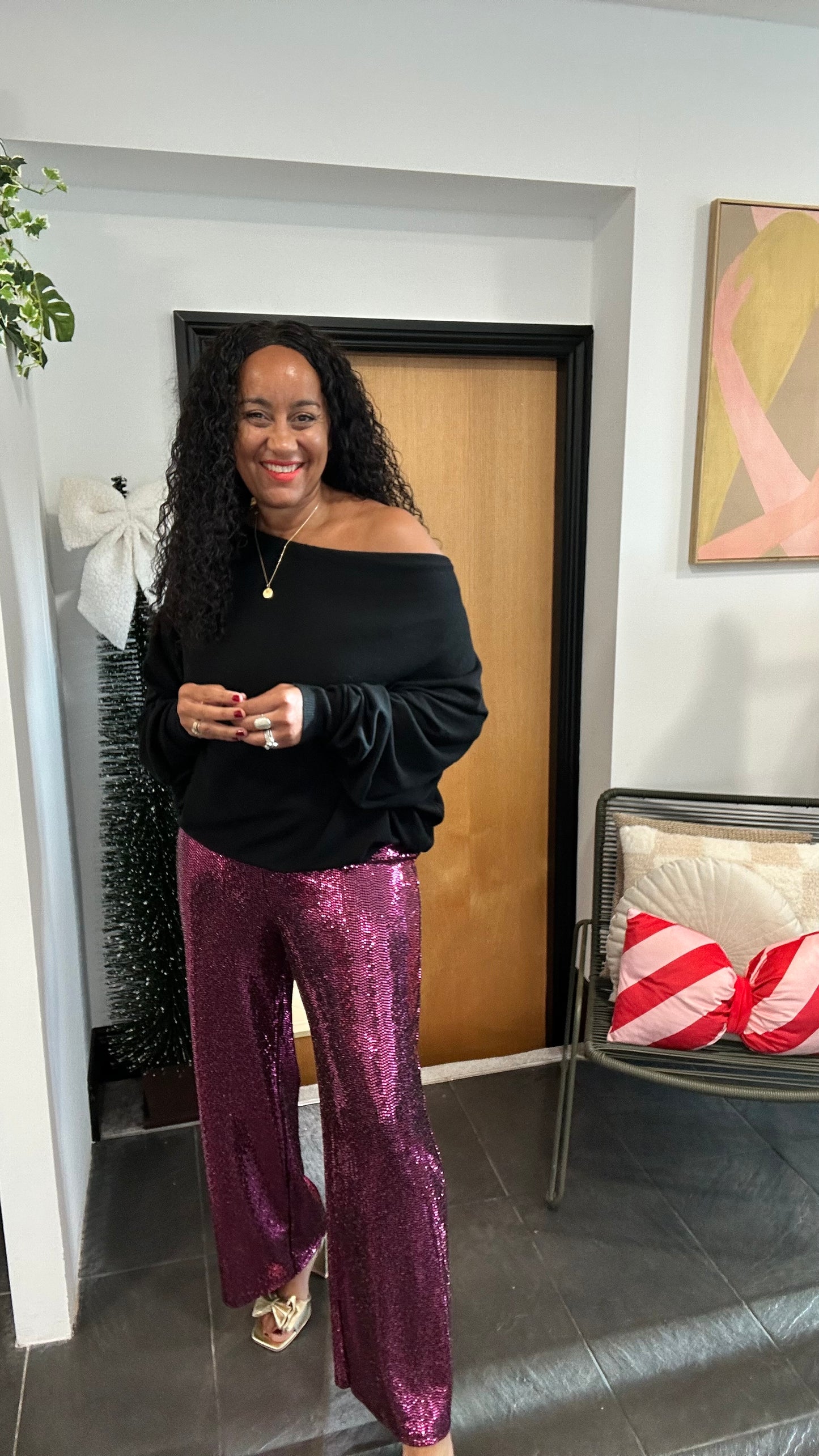 SALE VICKY SEQUIN WIDE LEG TROUSERS RICH MAGENTA *New