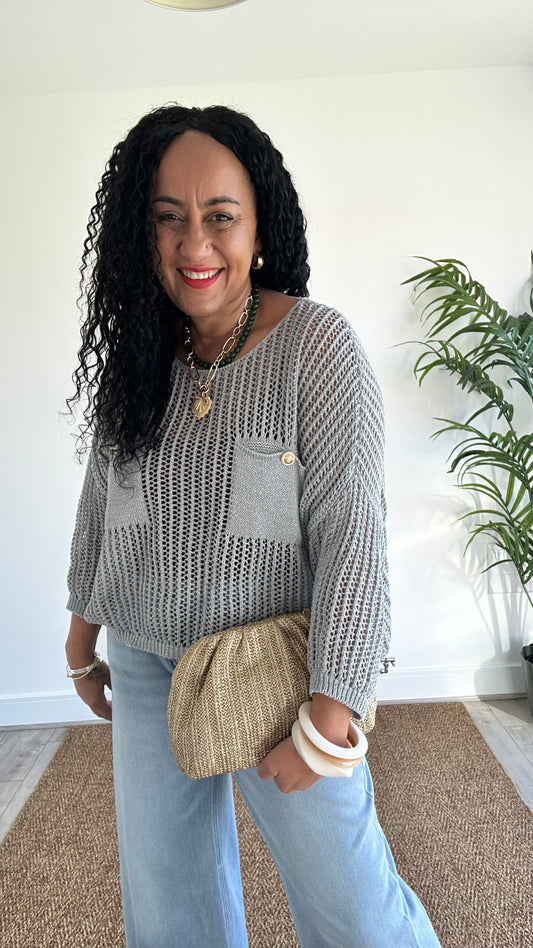 LUREX FISHERMAN CROCHET POCKET KNIT SILVER *New