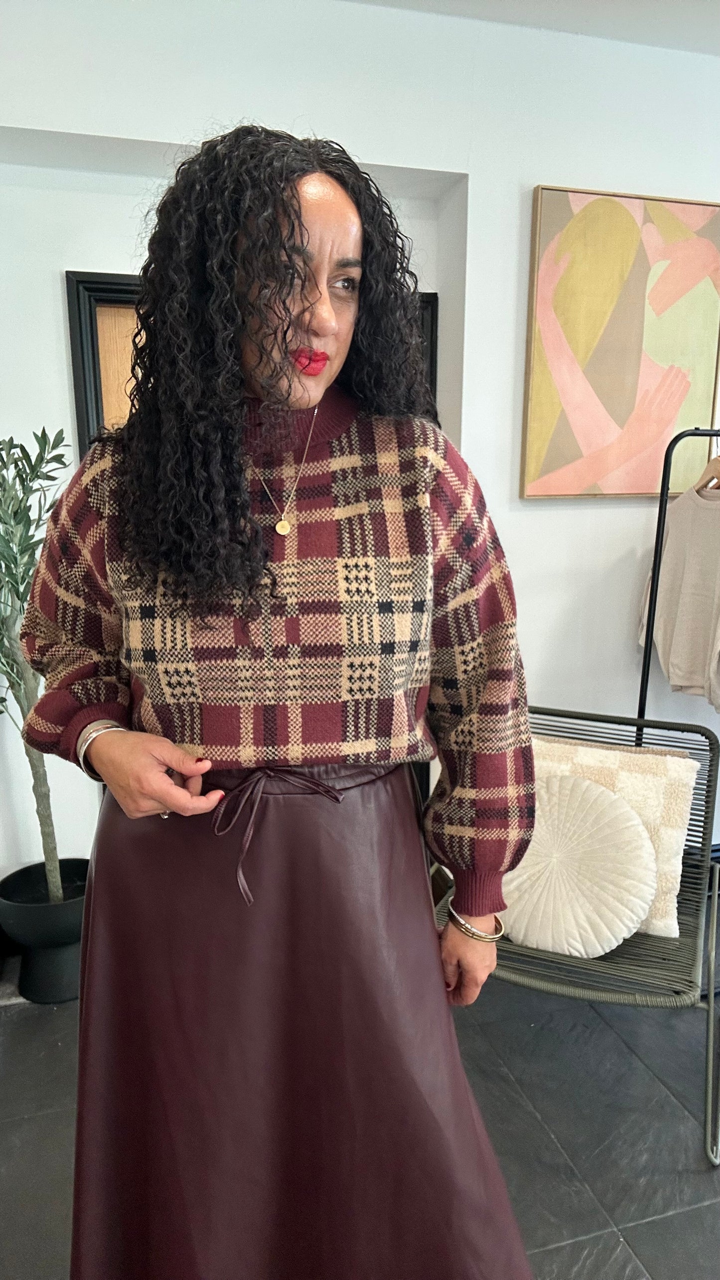 TESS PLAID KNIT SWEATER WINE *New