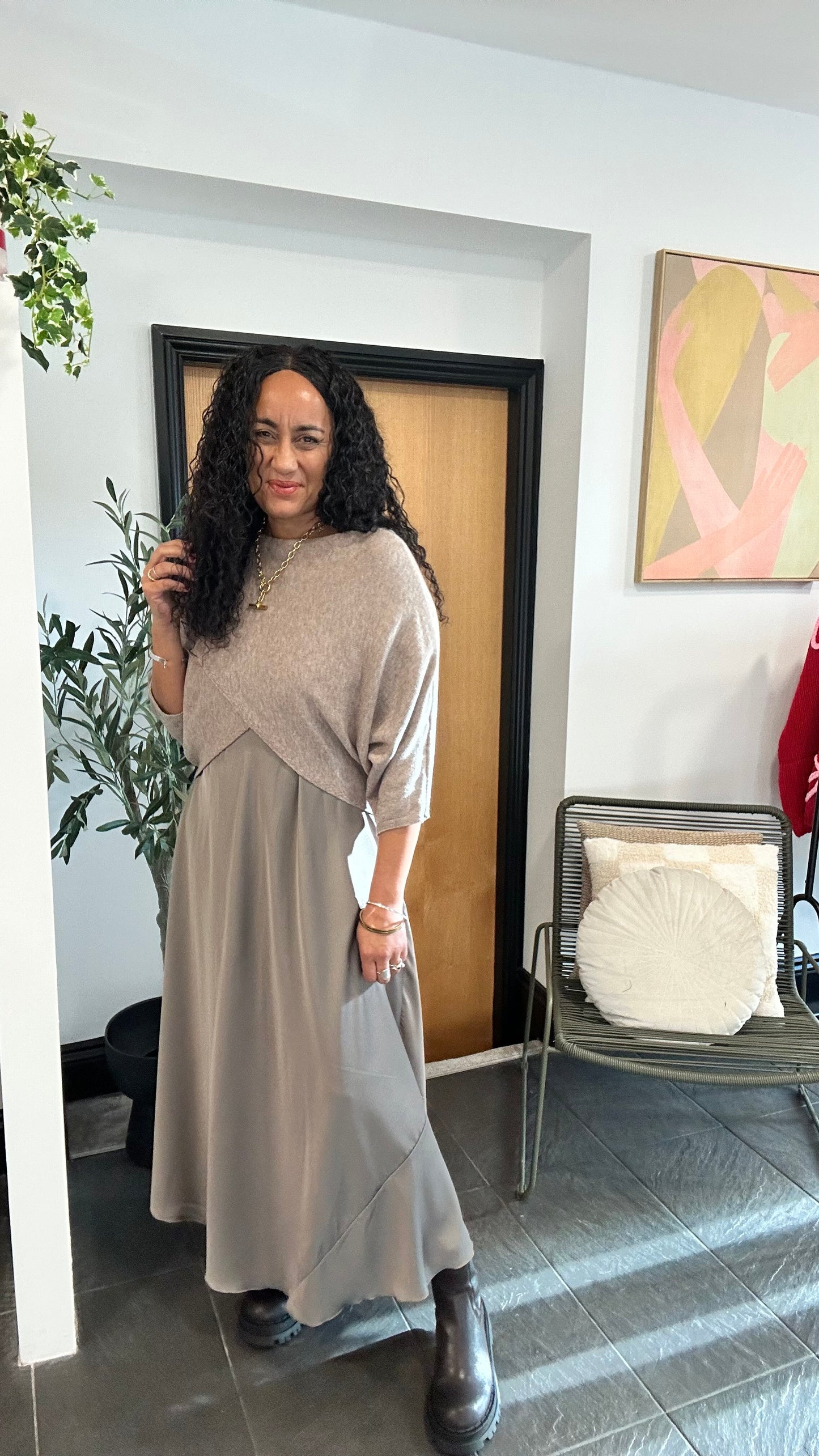 SALE MABLE OPEN KNIT AND SATIN MAXI DRESS MOCHA